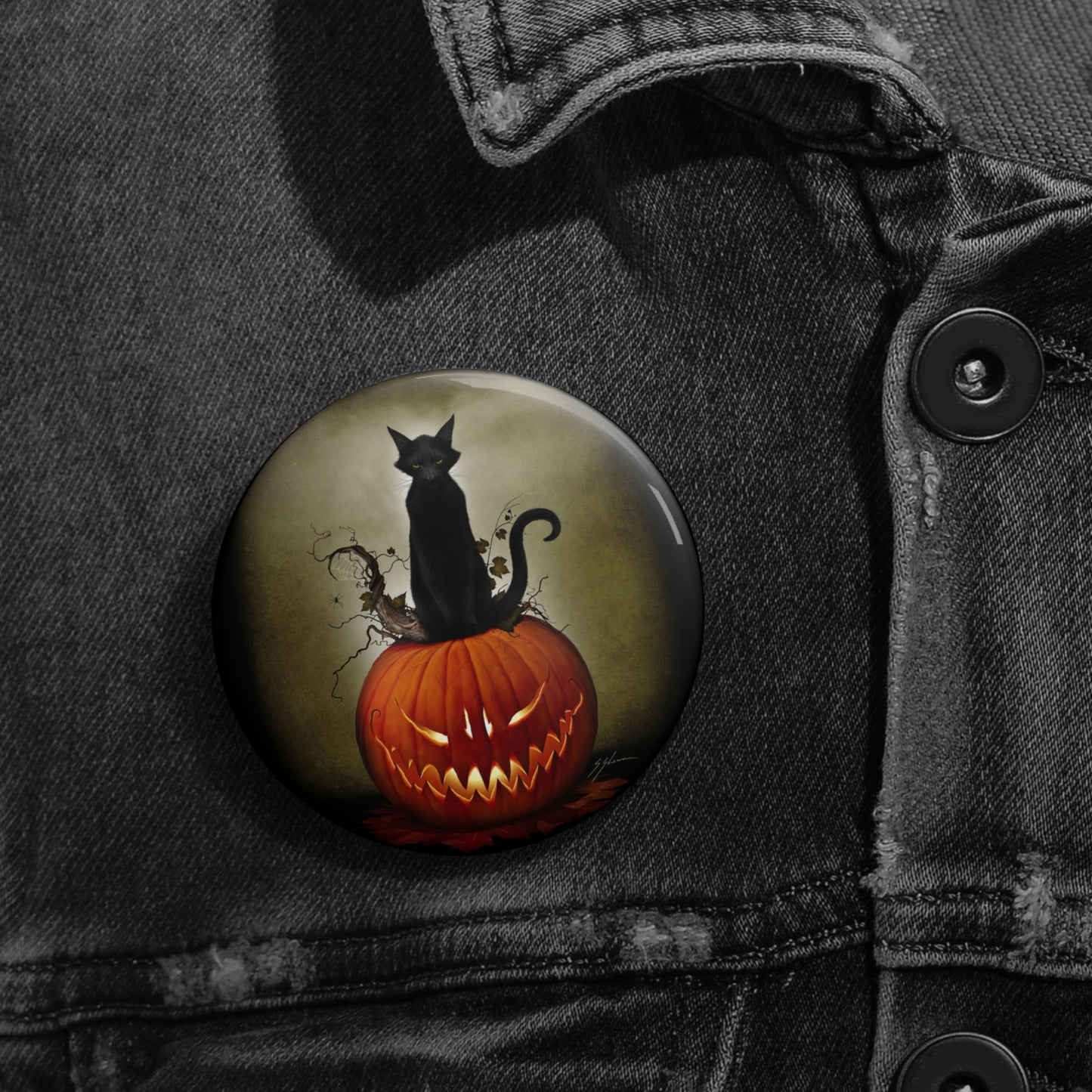 Cat O' Lantern 2.25 inch pin button — Mister Sam Shearon All Hallows' Eve dark art