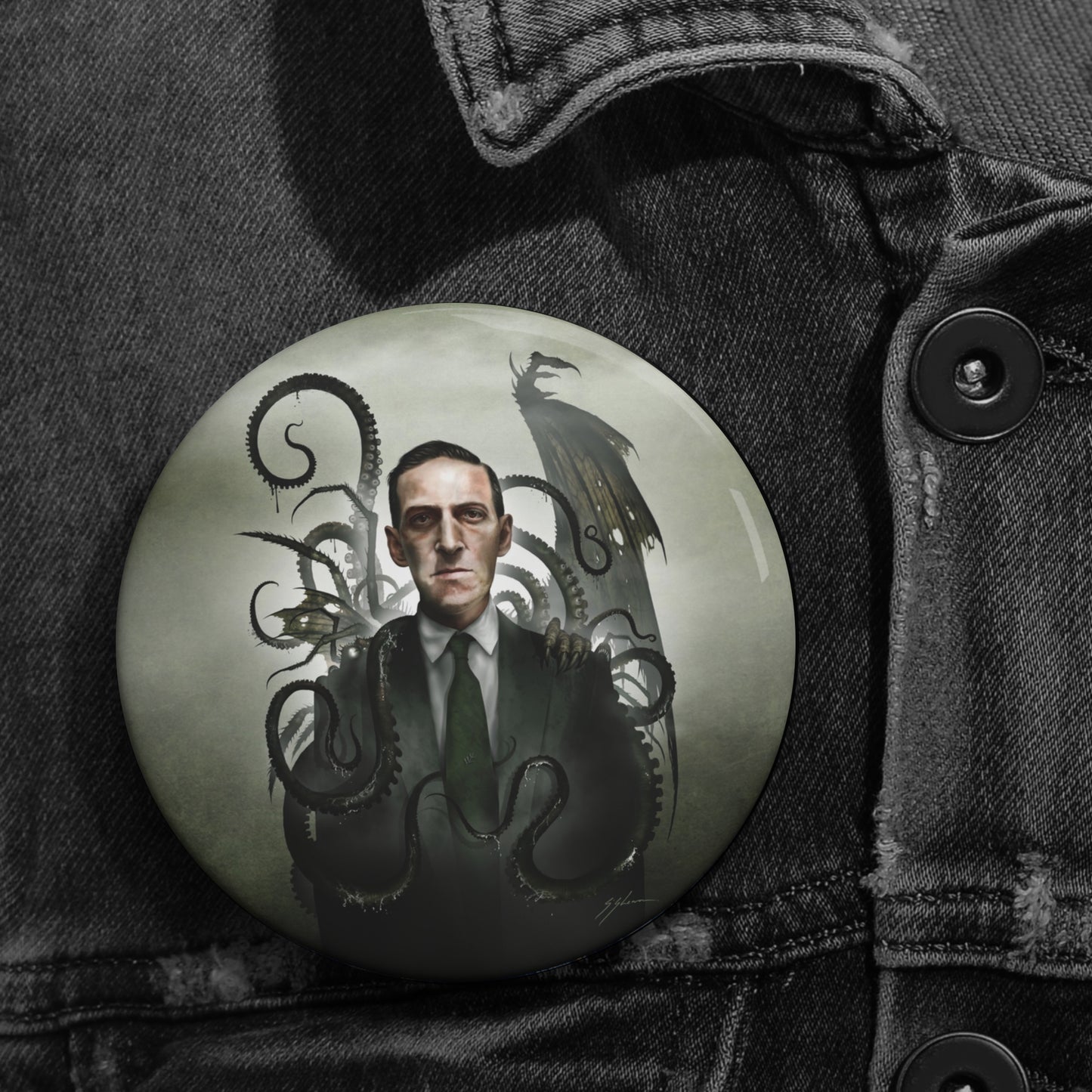 H.P. Lovecraft 3 inch pin button — Mister Sam Shearon original cosmic horror dark art gift 