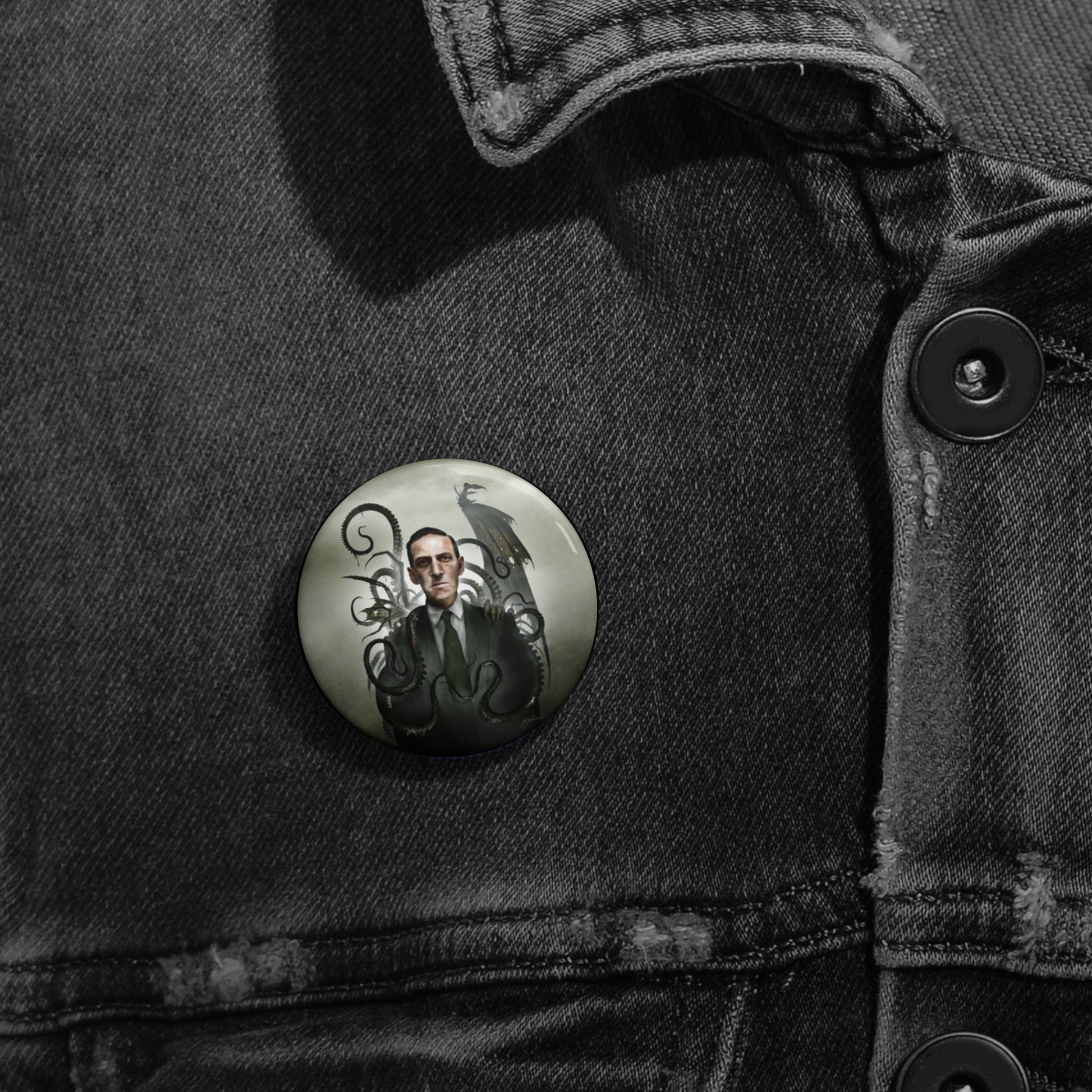 H.P. Lovecraft 1.25 inch pin button — Mister Sam Shearon gothic Lovecraftian art