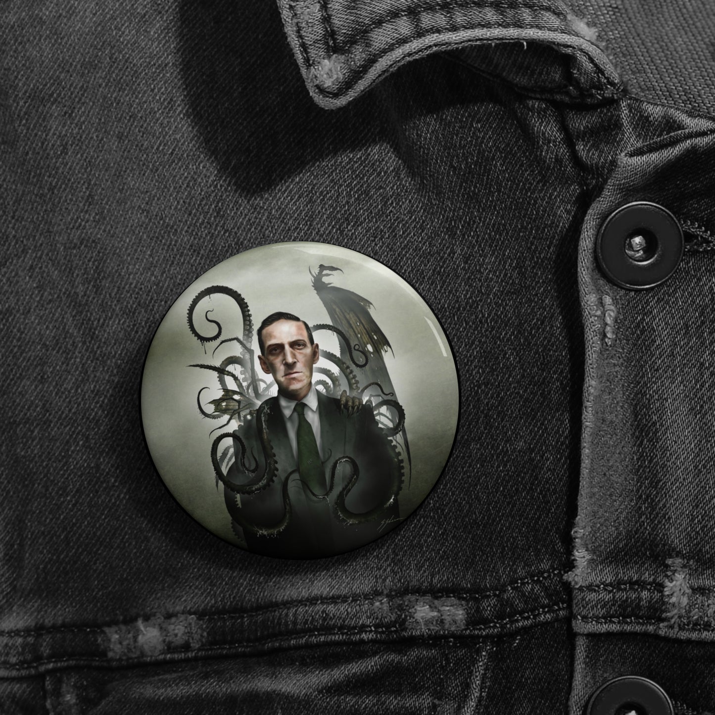 H.P. Lovecraft 2.25 inch pin button — Mister Sam Shearon eldritch Old Ones dark art