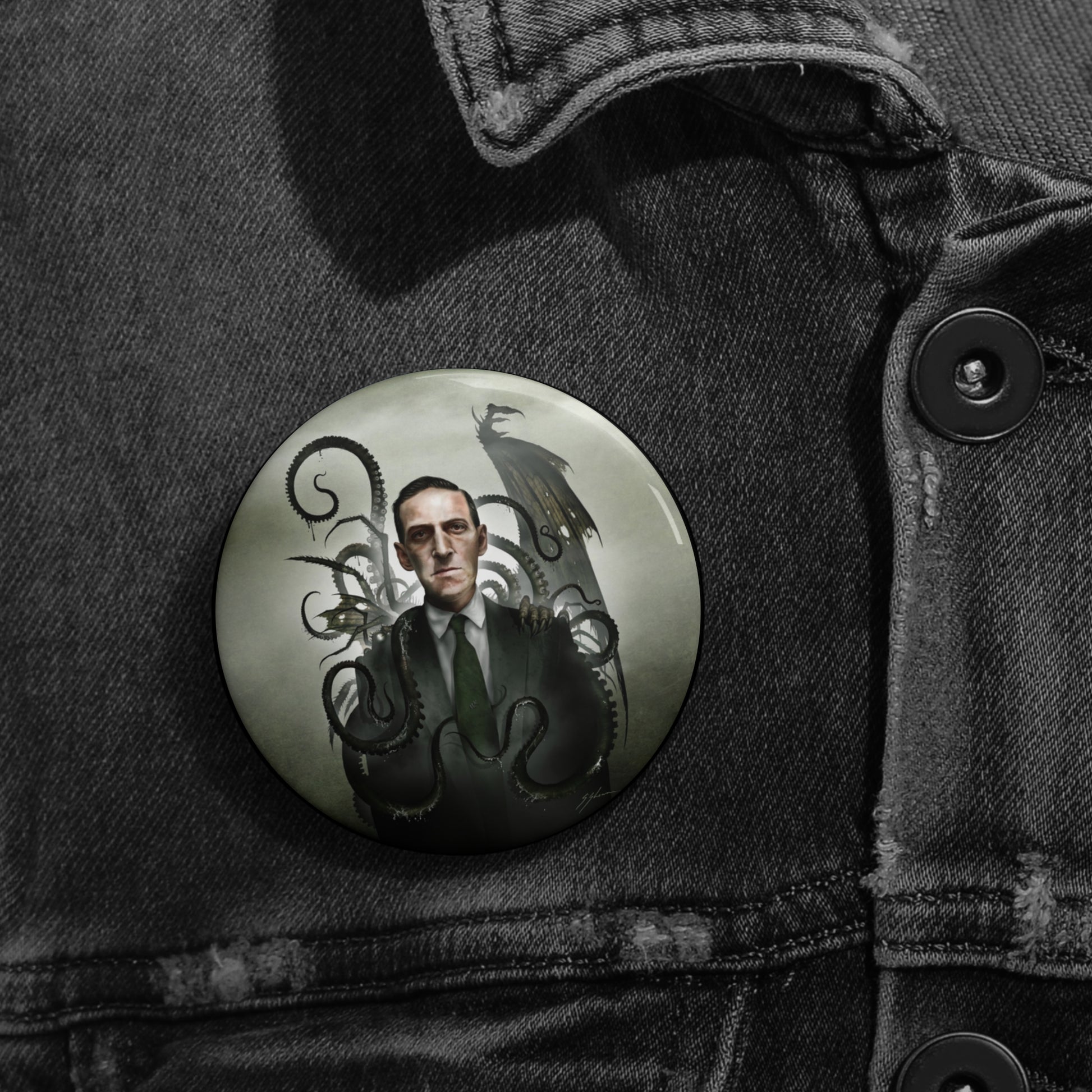 H.P. Lovecraft 2.25 inch pin button — Mister Sam Shearon eldritch Old Ones dark art