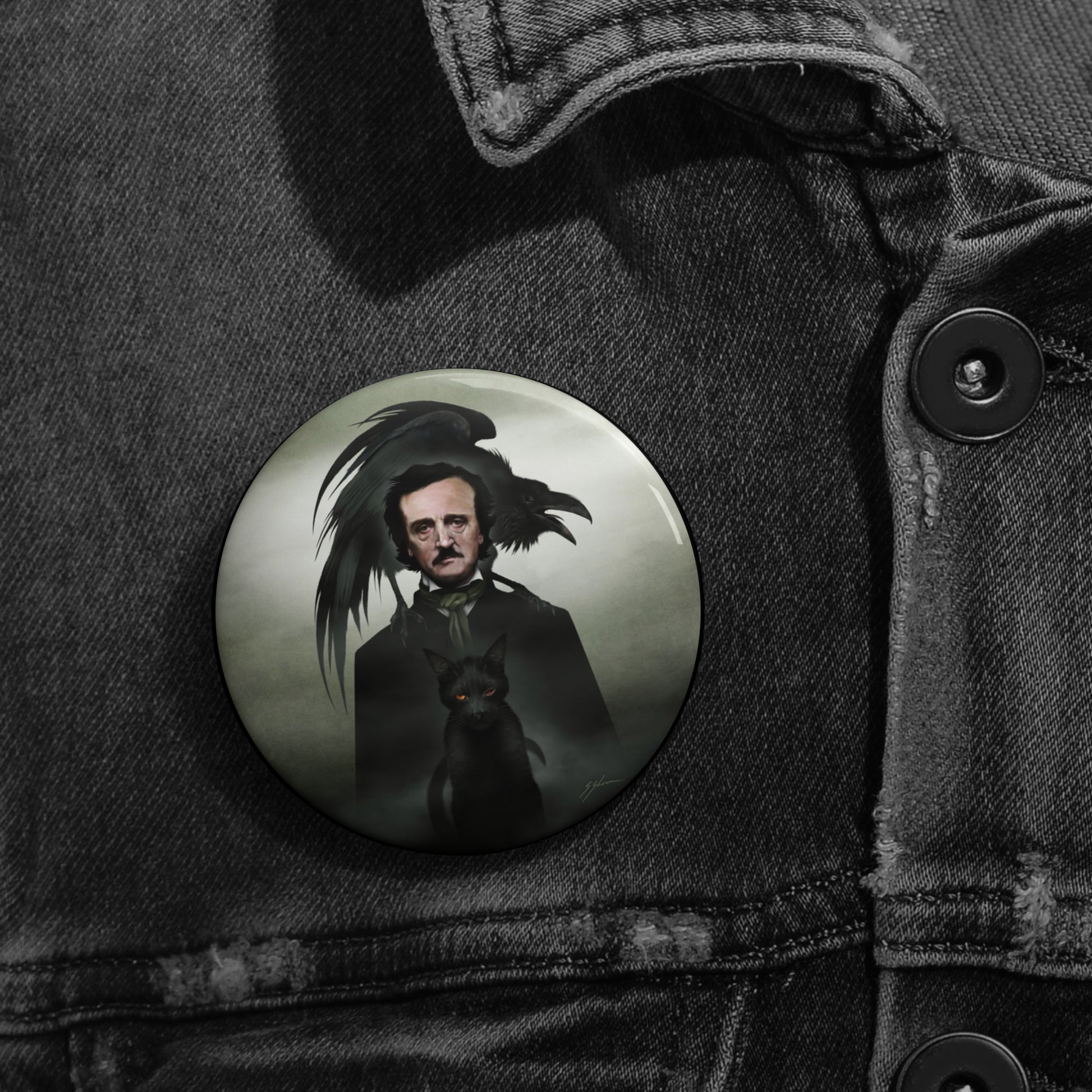 Edgar Allan Poe 2.25 inch pin button — Mister Sam Shearon nevermore gothic dark art