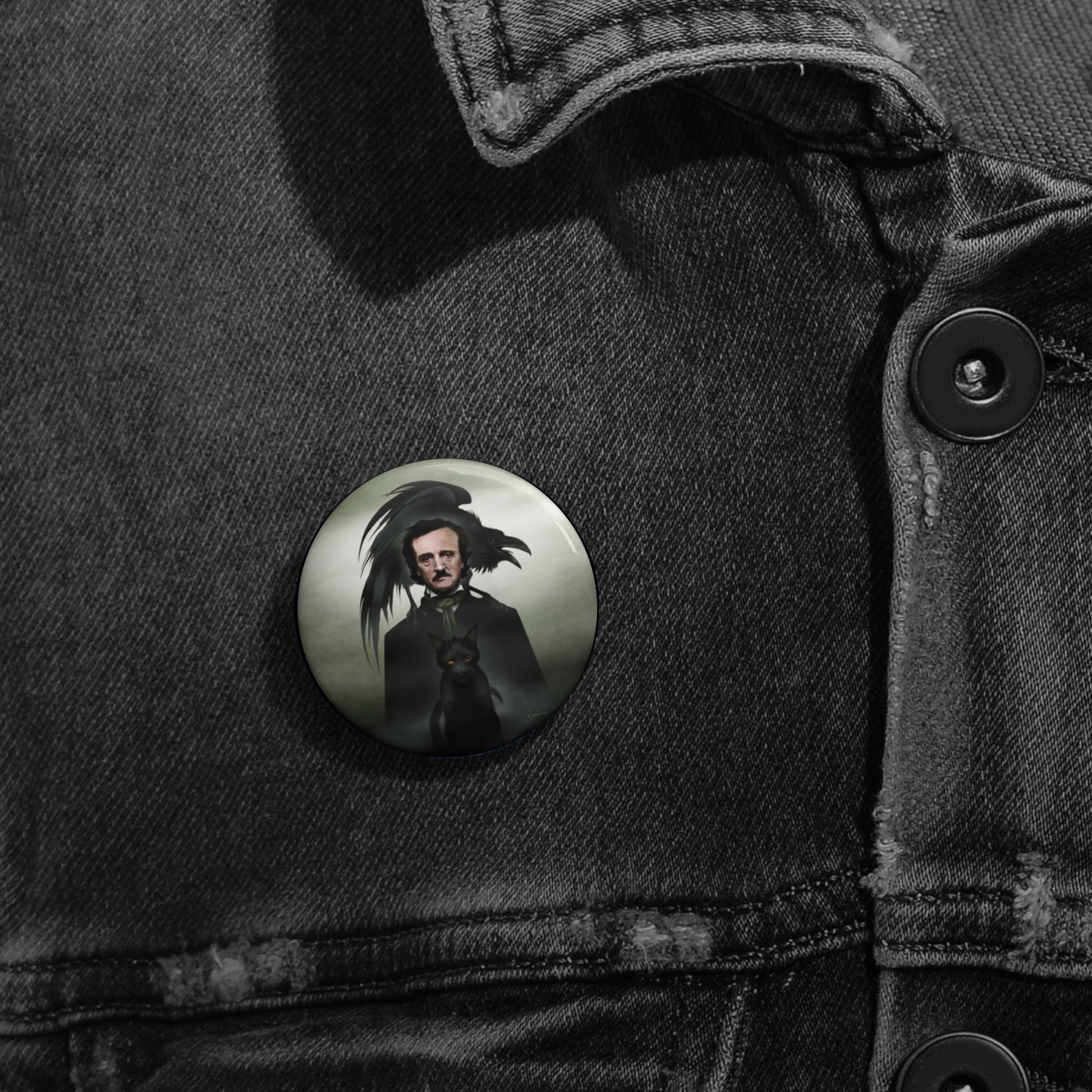 Edgar Allan Poe 1.25 inch pin button — Mister Sam Shearon literary horror art