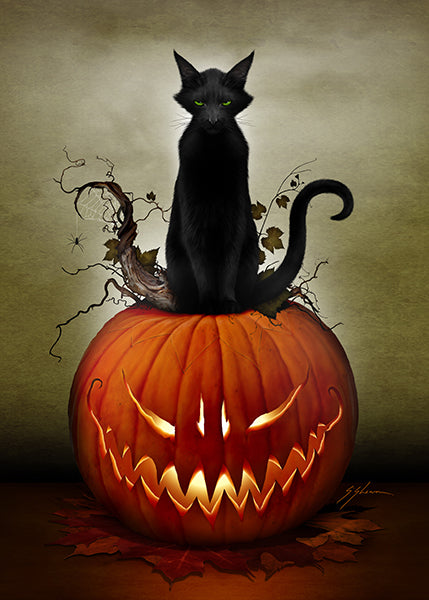 Cat O' Lantern jigsaw puzzle detail — original Halloween dark art by Mister Sam Shearon, premium print quality