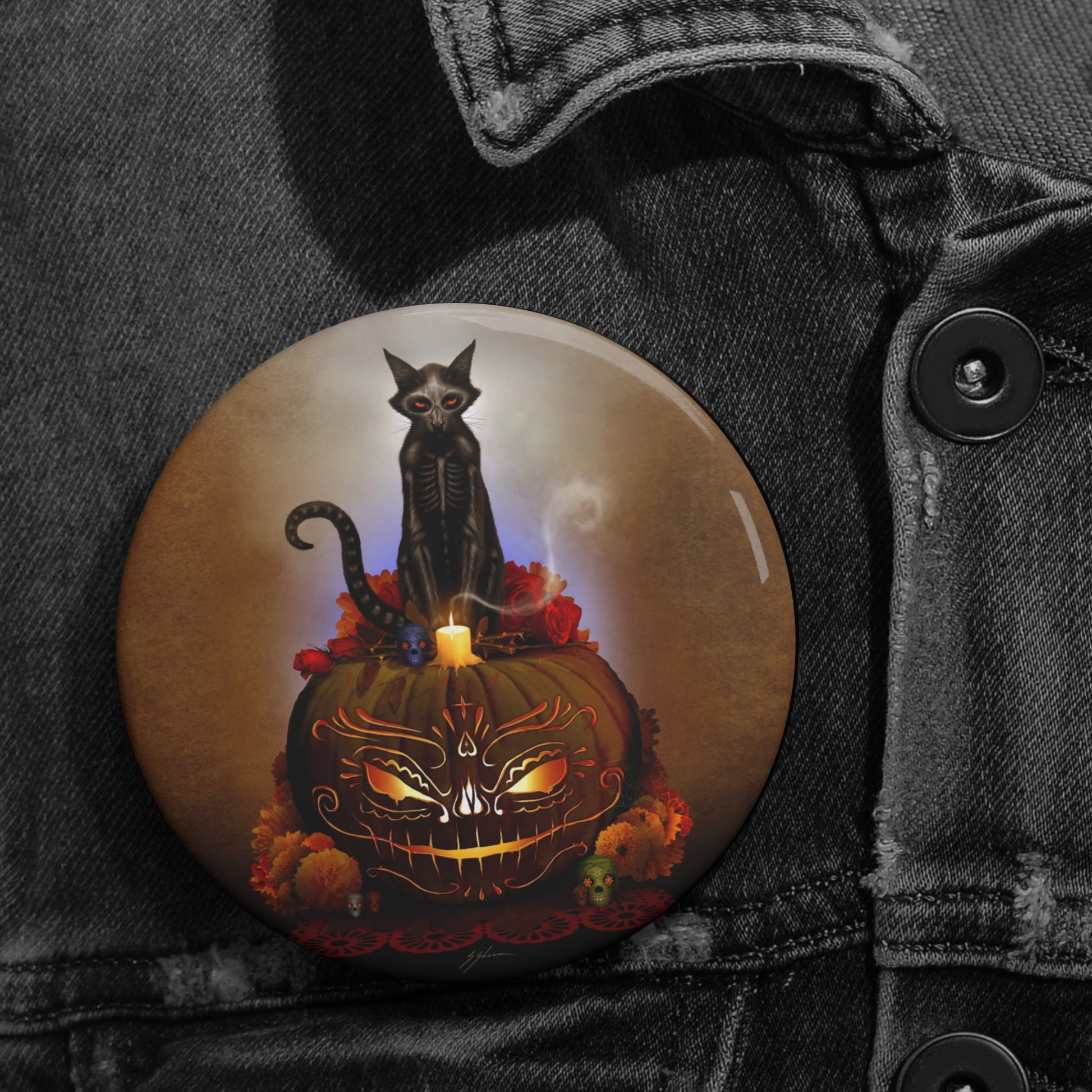 Día De Los Meowtos pin button lifestyle — original Day of the Dead art by Mister Sam Shearon