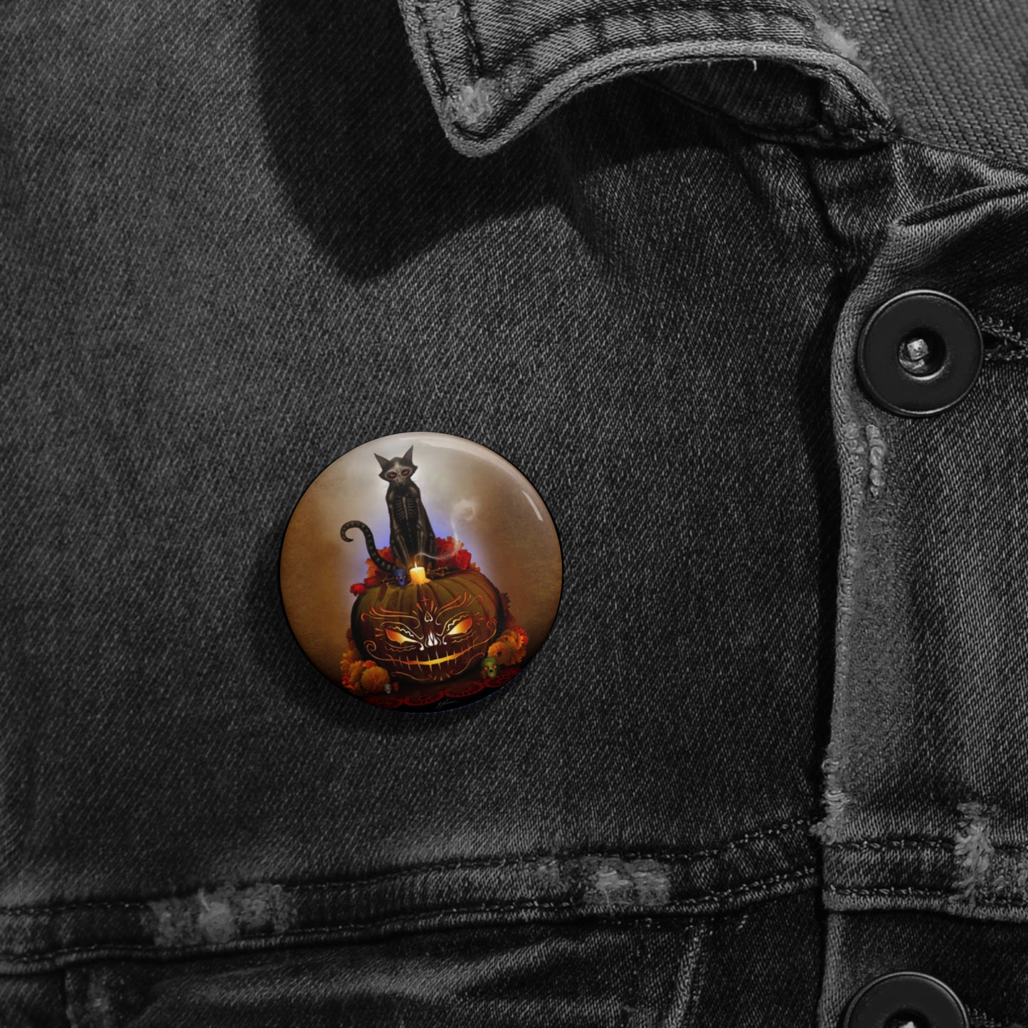 Día De Los Meowtos pin button size comparison 1.25" 2.25" 3" — Day of the Dead art