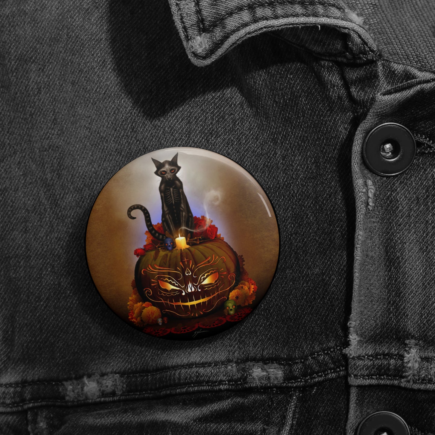 Día De Los Meowtos pin button back detail — strong safety pin assembled in USA