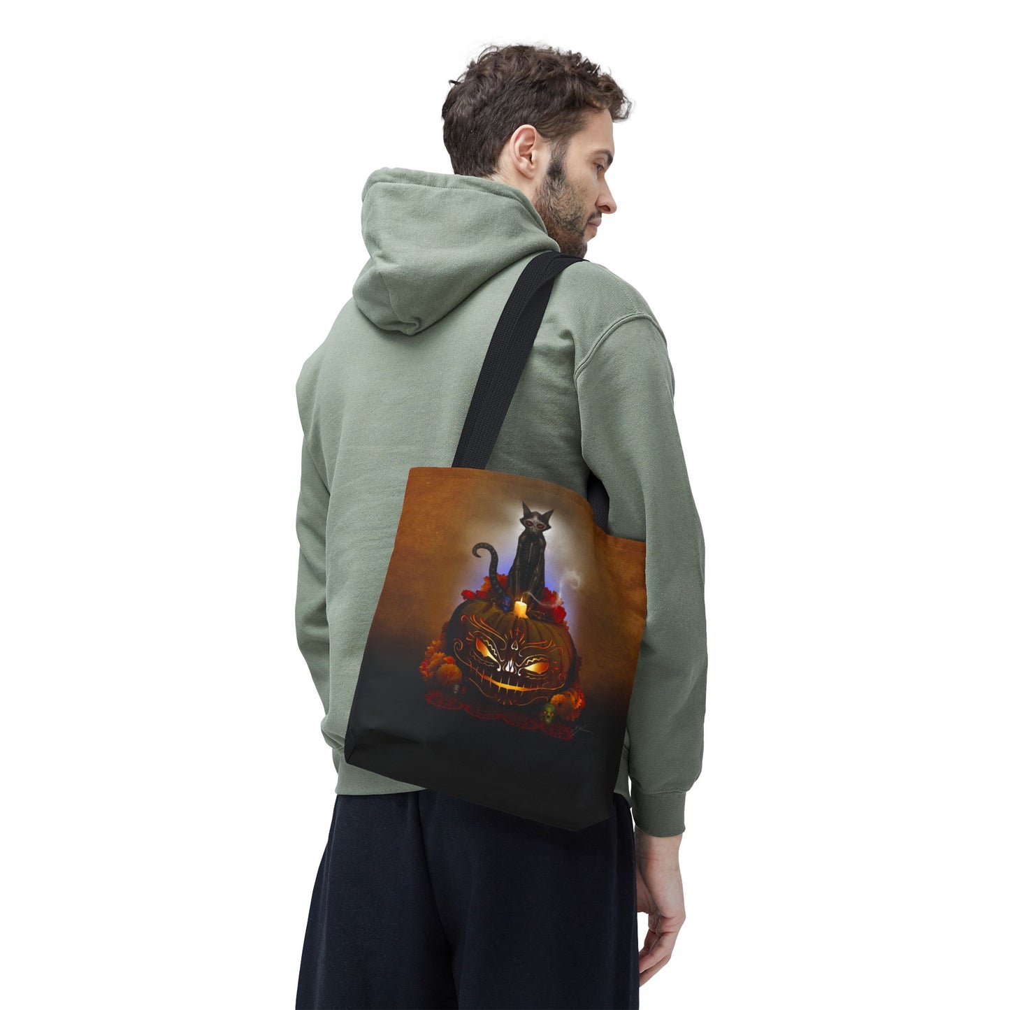 Día De Los Meowtos tote bag size comparison 13" 16" 18" — original Day of the Dead art by Mister Sam Shearon