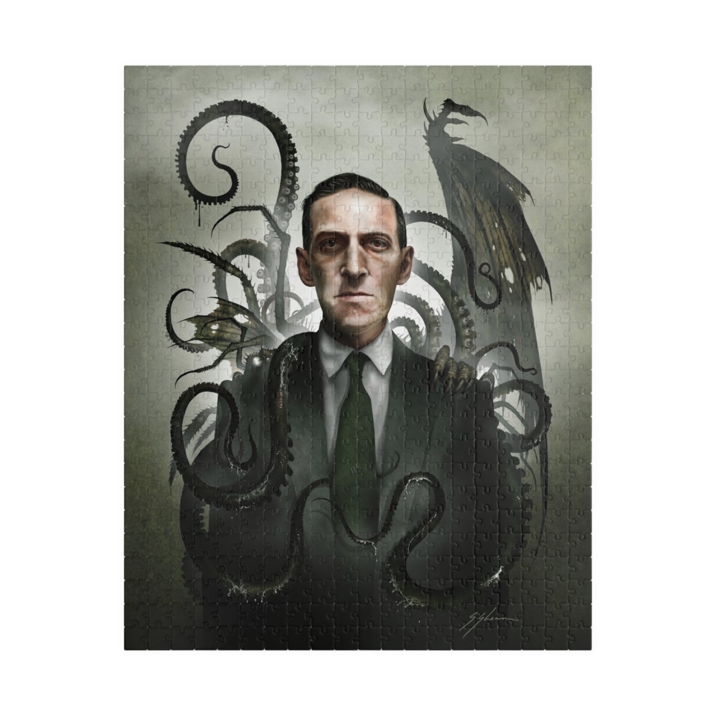H.P. Lovecraft jigsaw puzzle by Mister Sam Shearon — Cthulhu cosmic horror gothic dark art, eldritch horror, human-made, non-AI. 