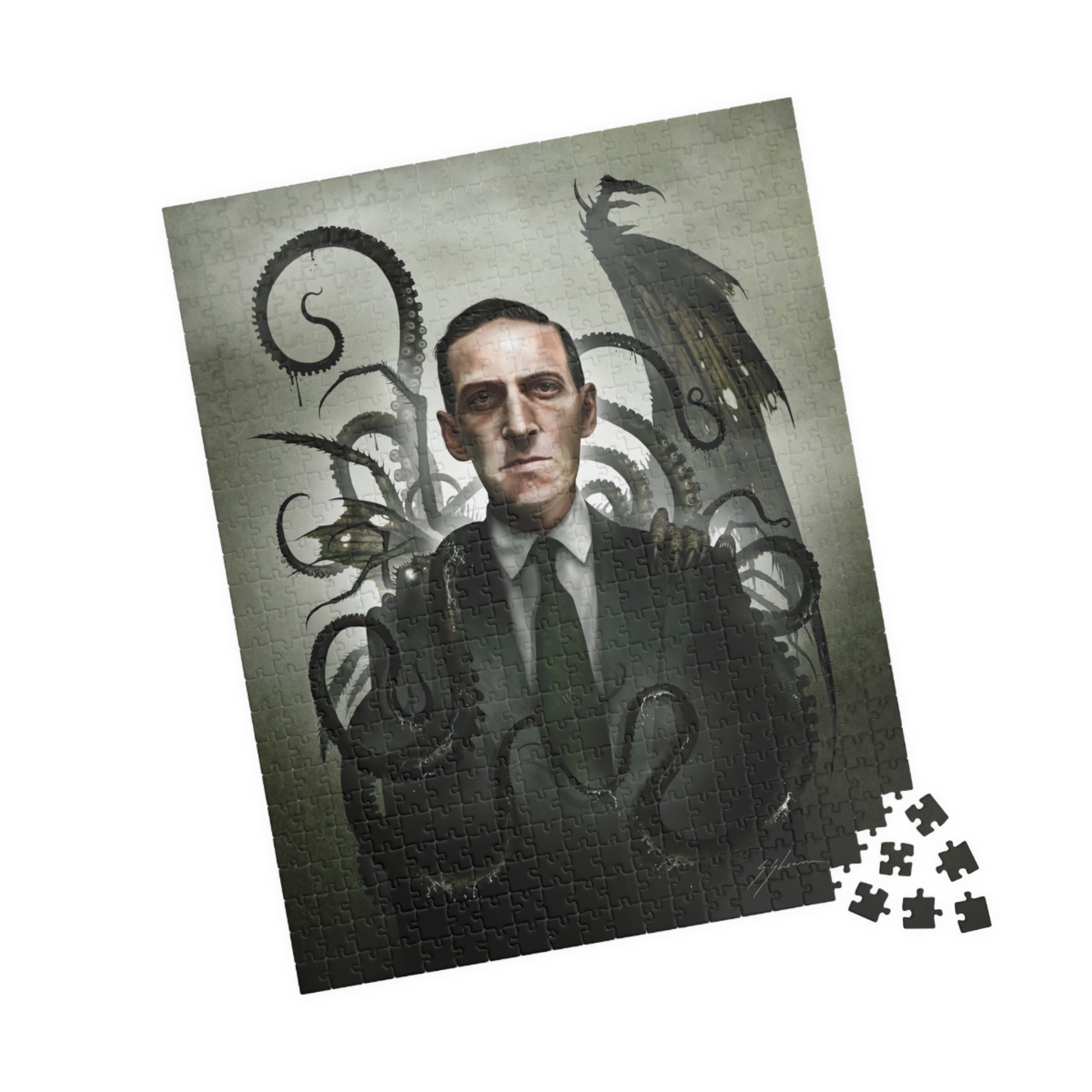 H.P. Lovecraft jigsaw puzzle by Mister Sam Shearon — Cthulhu cosmic horror gothic dark art, eldritch horror, human-made, non-AI. 