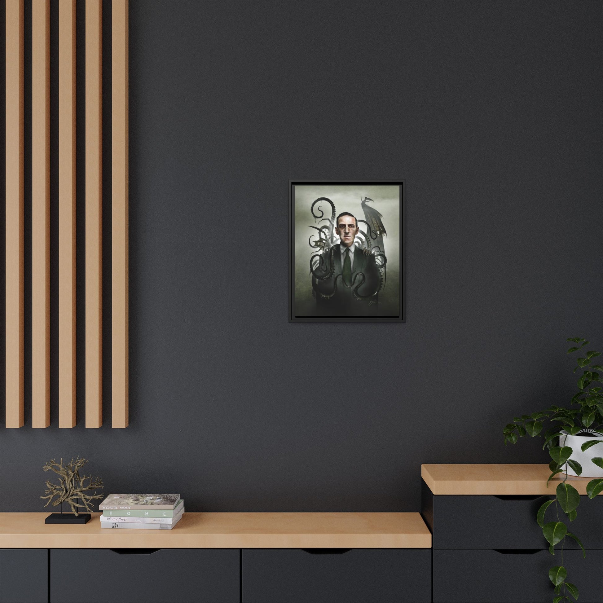H.P. Lovecraft canvas bedroom mockup — dark art horror print by Mister Sam Shearon