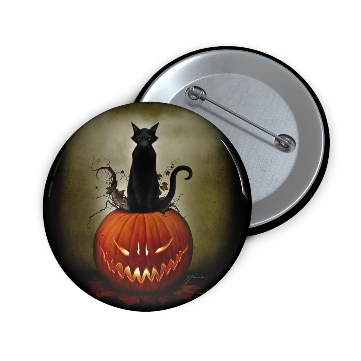 Cat O' Lantern pin button — black cat on jack-o-lantern design by Mister Sam Shearon