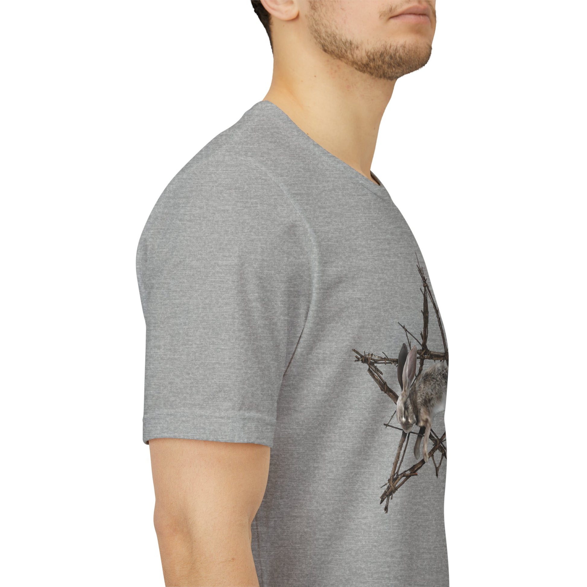 Fallen Star tee — tear-away label Bella+Canvas jersey with dark folk art rabbit pentagram