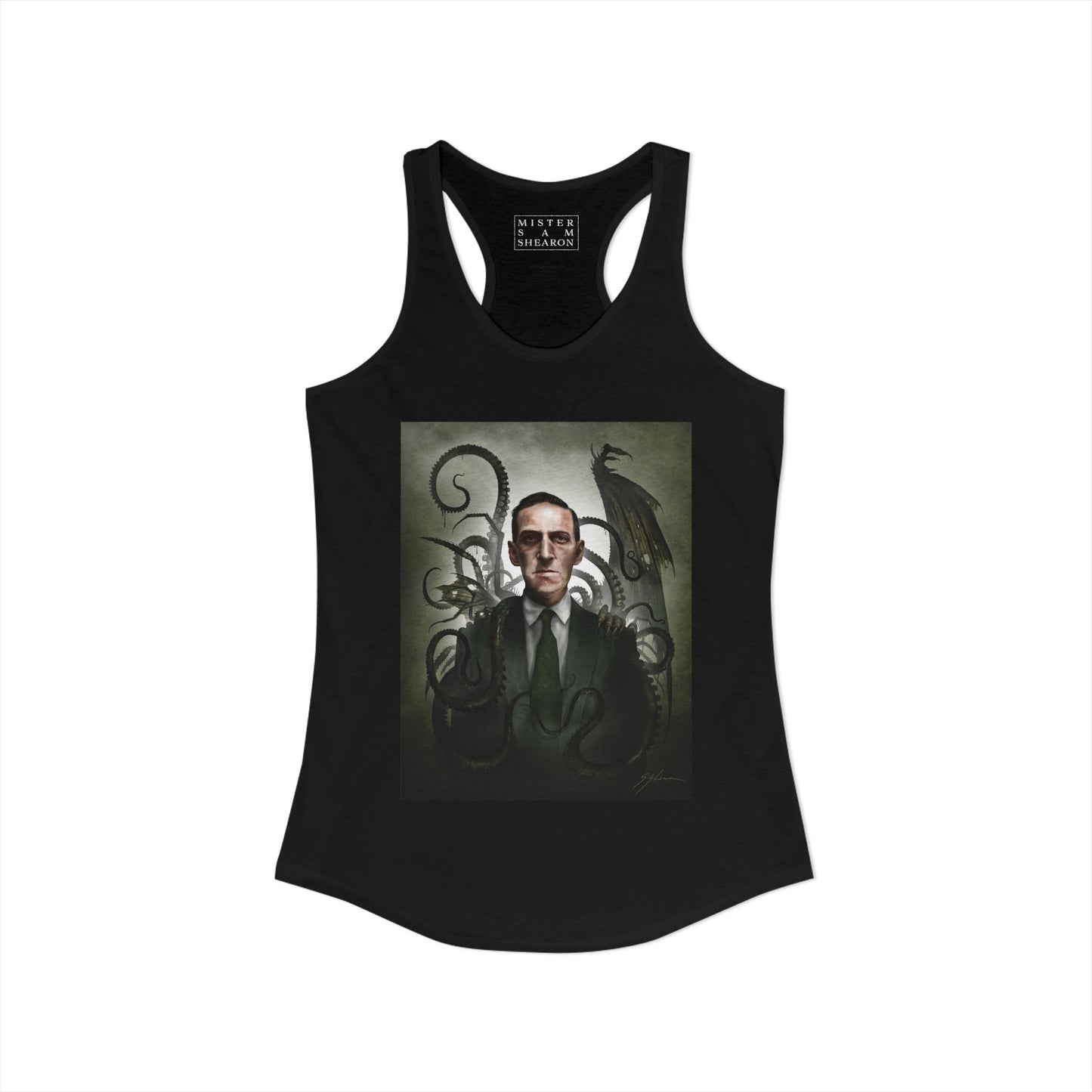 H.P. Lovecraft racerback tank front view — Cthulhu eldritch horror dark art by Mister Sam Shearon
