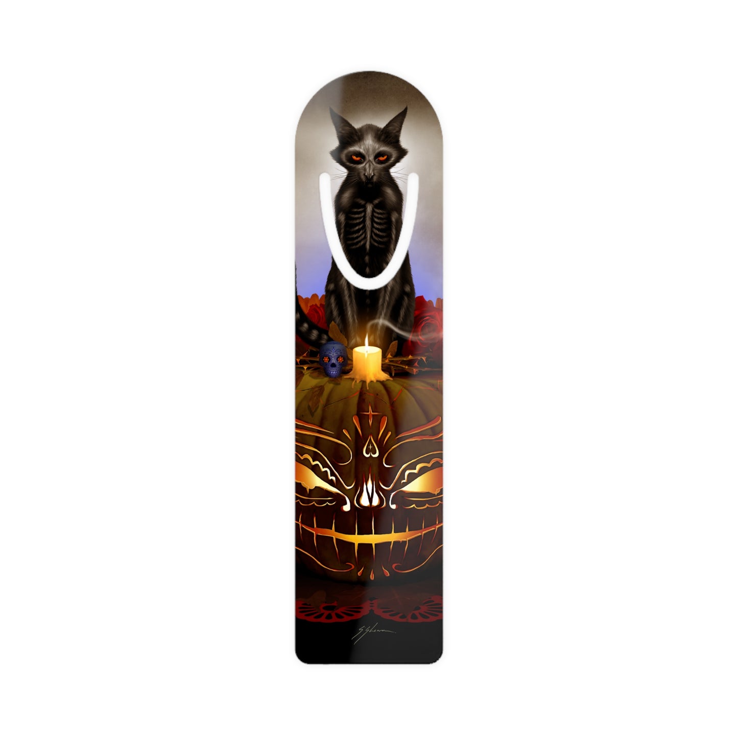 Día De Los Meowtos bookmark front detail — white face dark art collectible reader gift