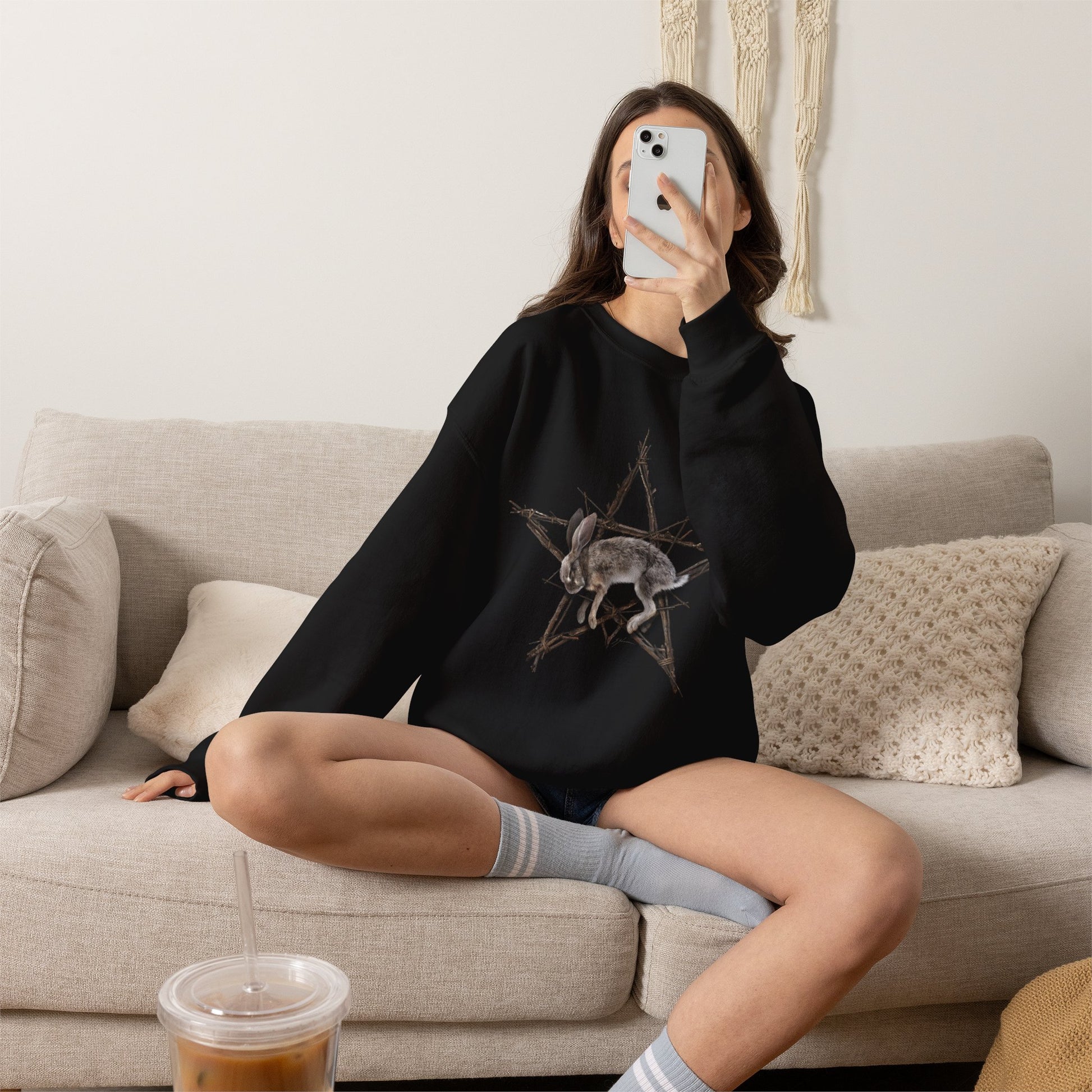 Fallen Star sweatshirt white flat lay — witchcraft artwork on white crewneck