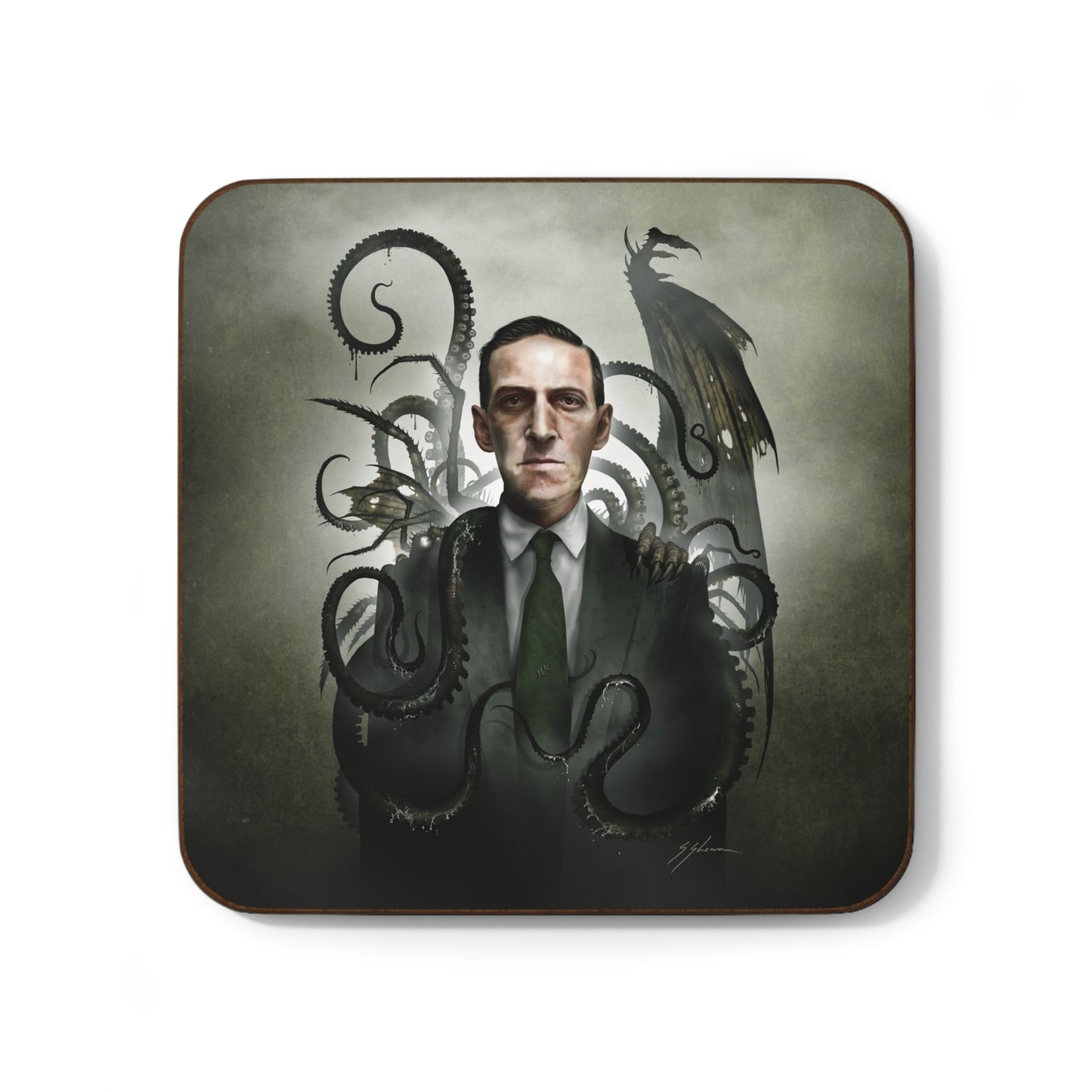 H.P. Lovecraft coaster front view — Cthulhu eldritch horror dark art by Mister Sam Shearon