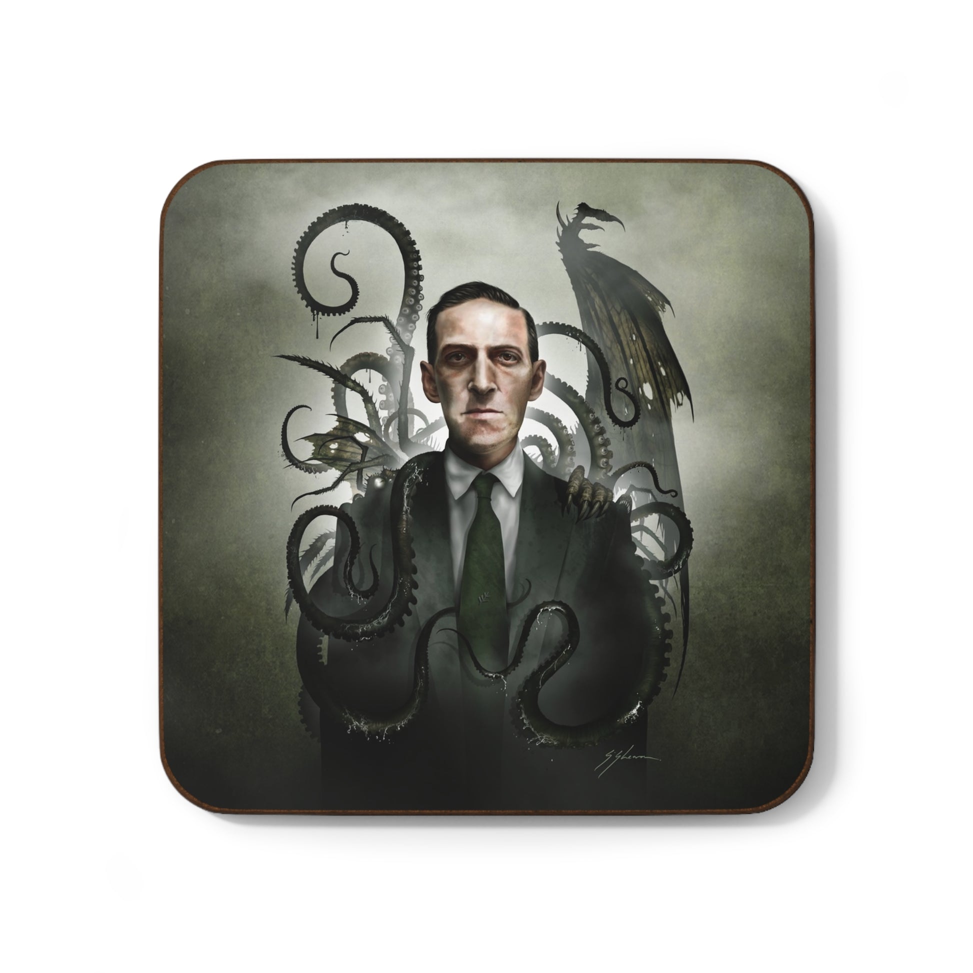 H.P. Lovecraft coaster front view — Cthulhu eldritch horror dark art by Mister Sam Shearon