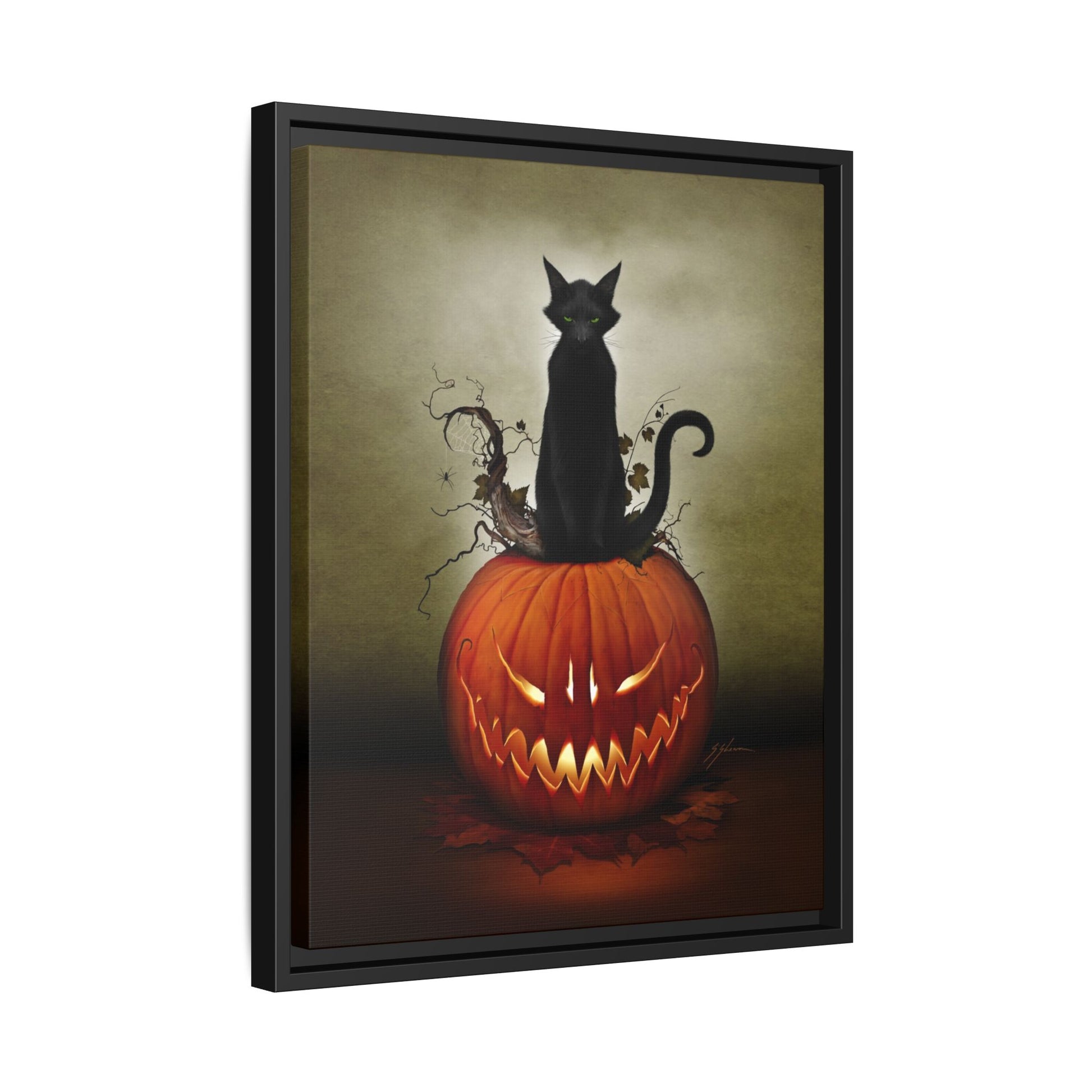 Cat O' Lantern canvas room mockup — Halloween wall art by Mister Sam Shearon