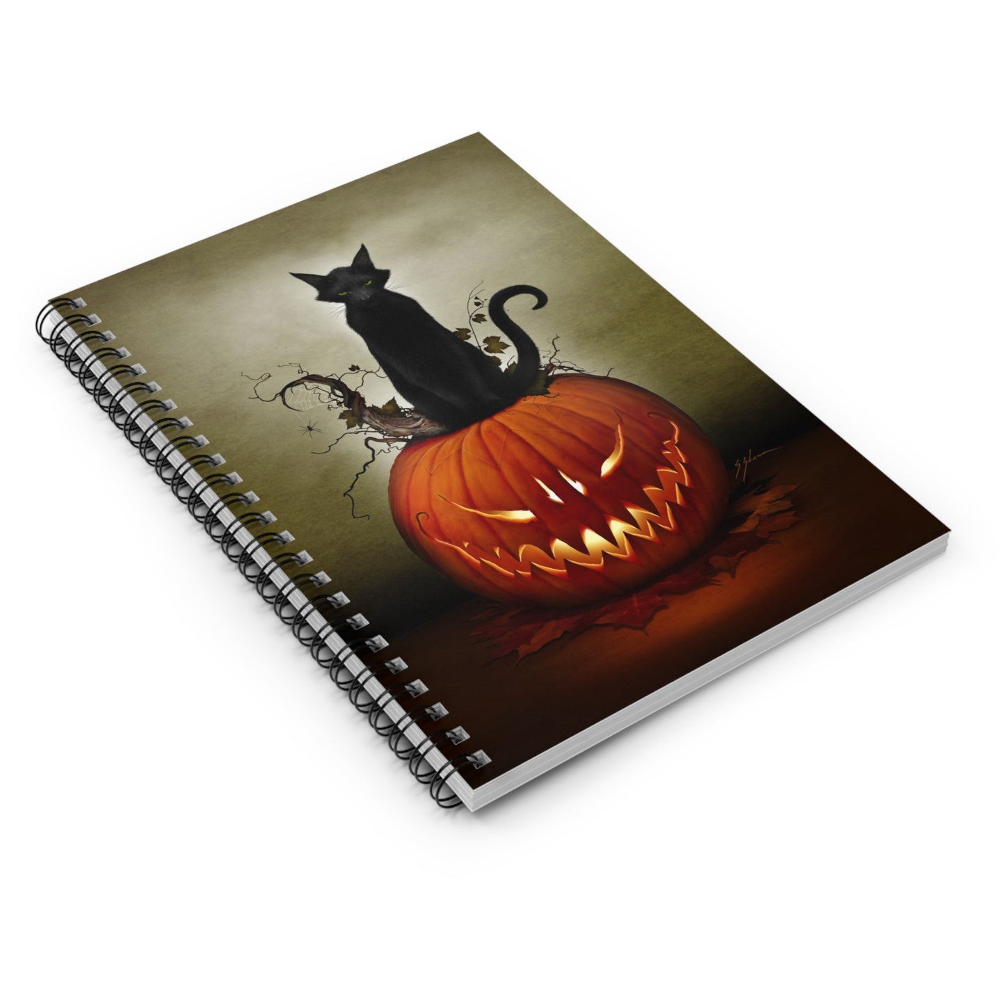 Cat O' Lantern ruled notebook open pages — 118 lined pages, Halloween dark art