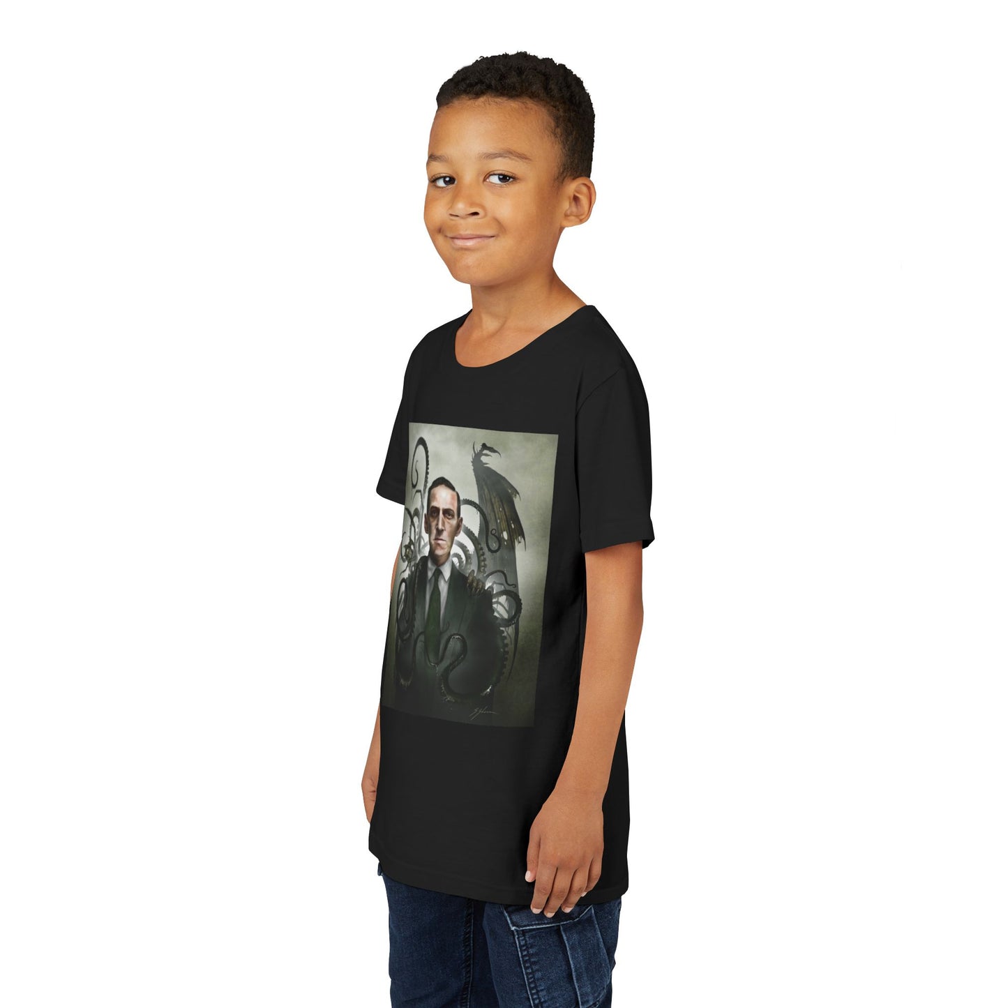 H.P. Lovecraft youth tee on model — gothic cosmic horror kids apparel by Mister Sam Shearon