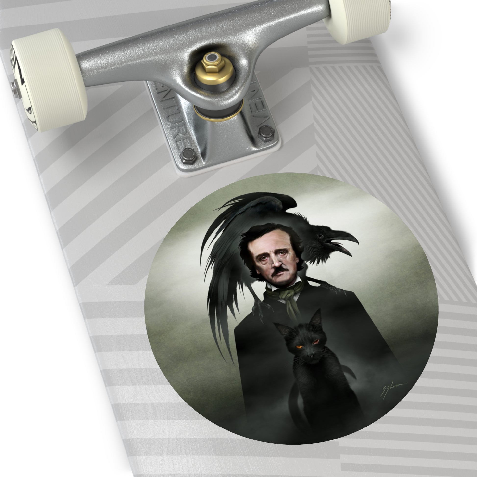 Edgar Allan Poe round sticker — Mister Sam Shearon gothic dark art, matte finish
