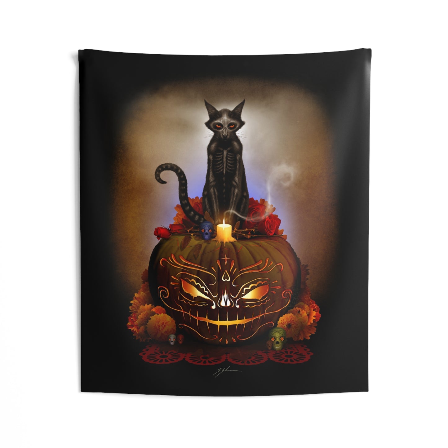 Día De Los Meowtos tapestry 36"x26" landscape — dark art collectible home decor