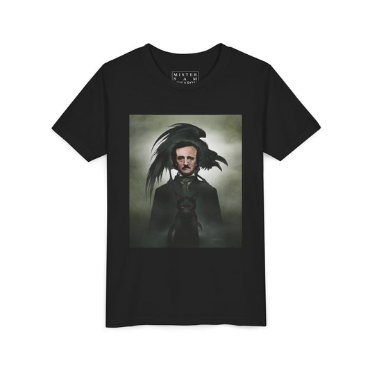 Edgar Allan Poe youth t-shirt by Mister Sam Shearon — gothic dark art, The Raven, horror literature, human-made, non-AI. 