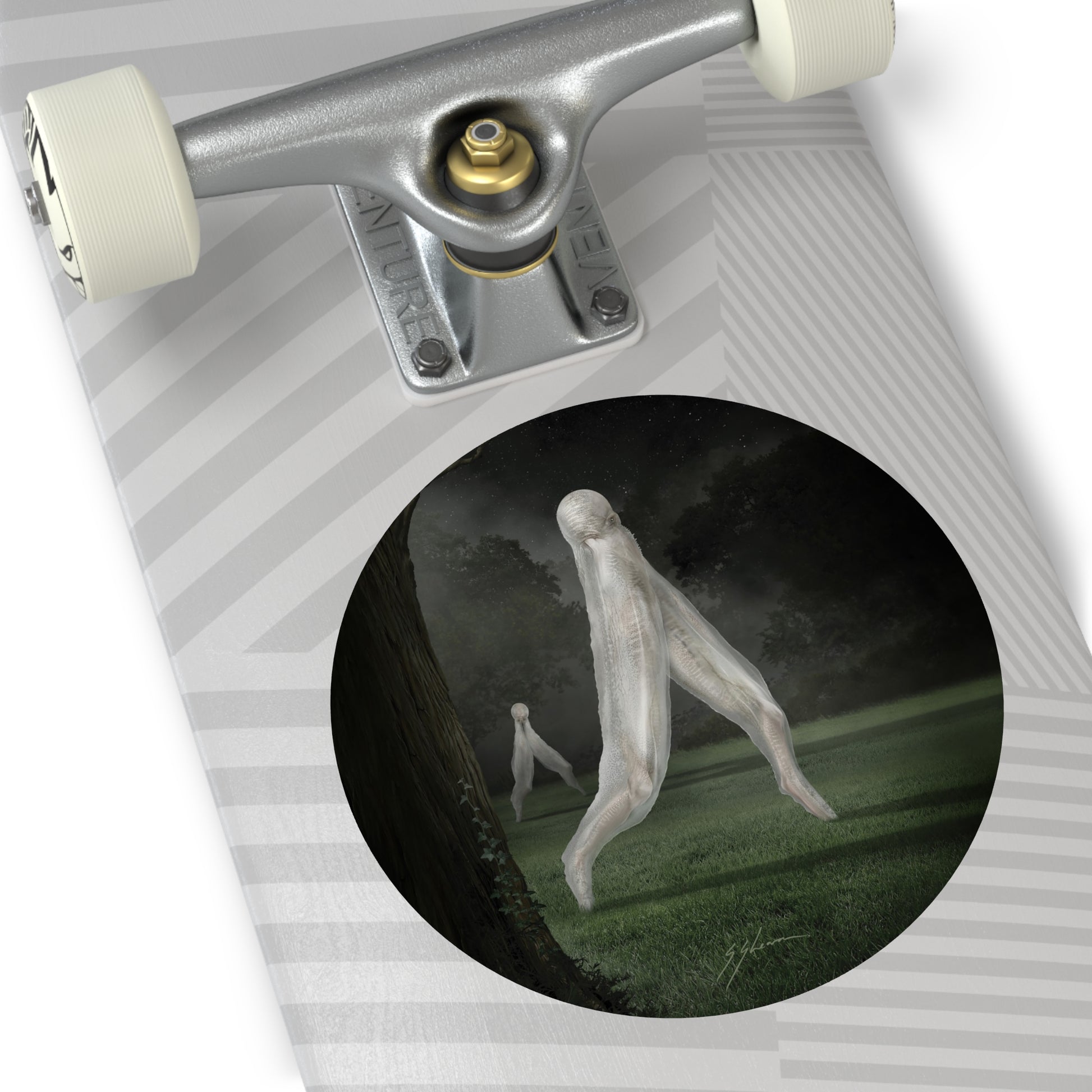 Nightcrawler round sticker — Mister Sam Shearon cryptid dark art, matte finish