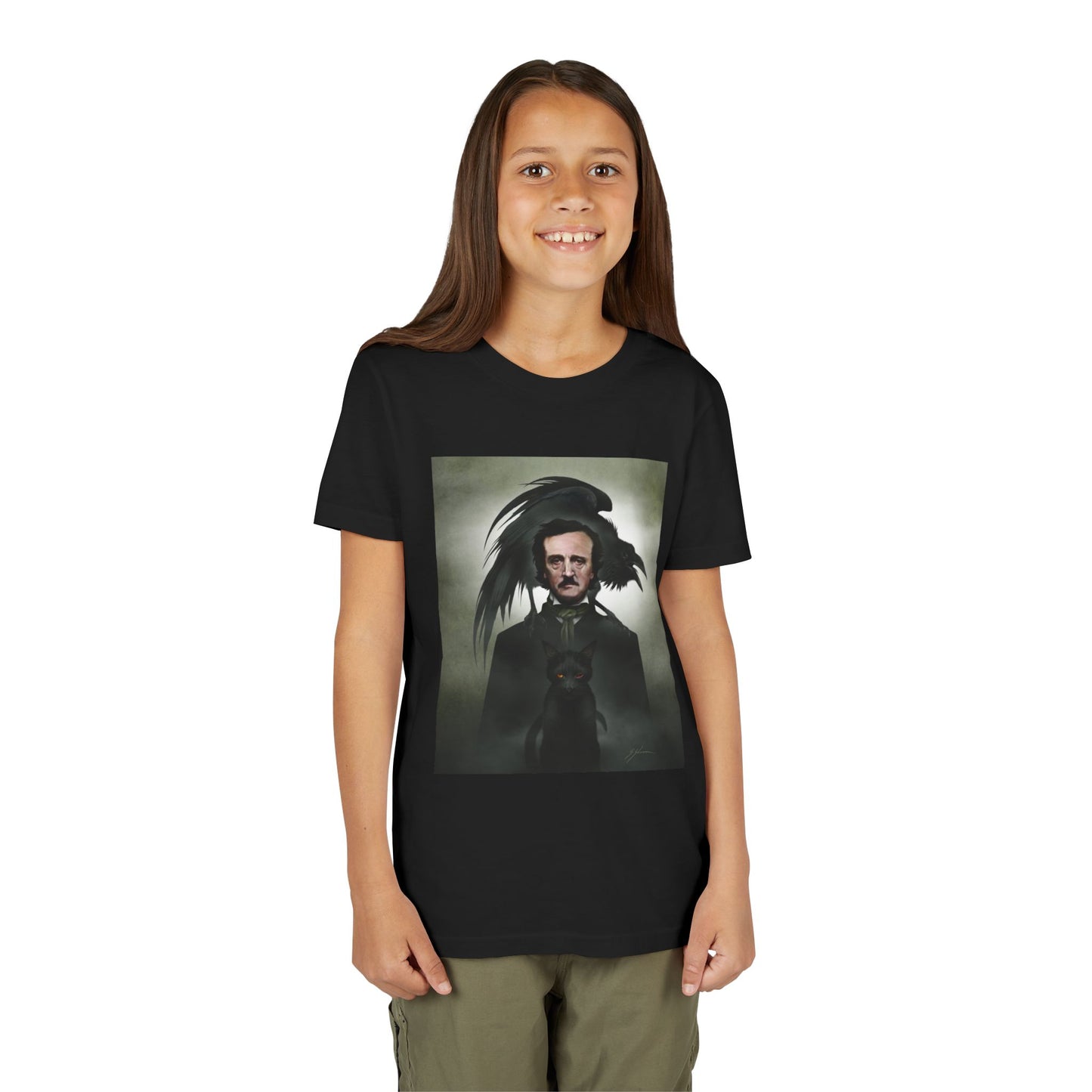 Edgar Allan Poe youth tee on model — gothic literary dark art by Mister Sam Shearon