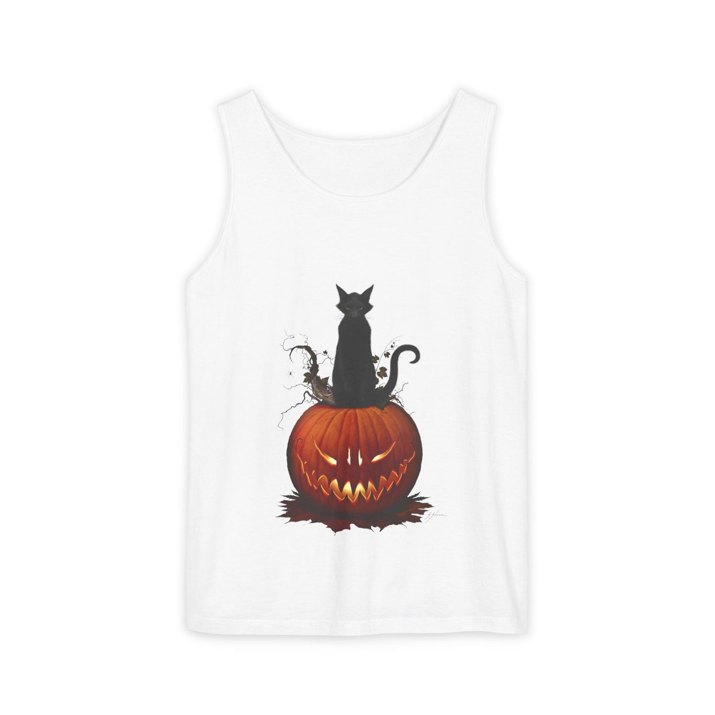 Cat O' Lantern dark art tank top — black cat on jack-o-lantern design by Mister Sam Shearon