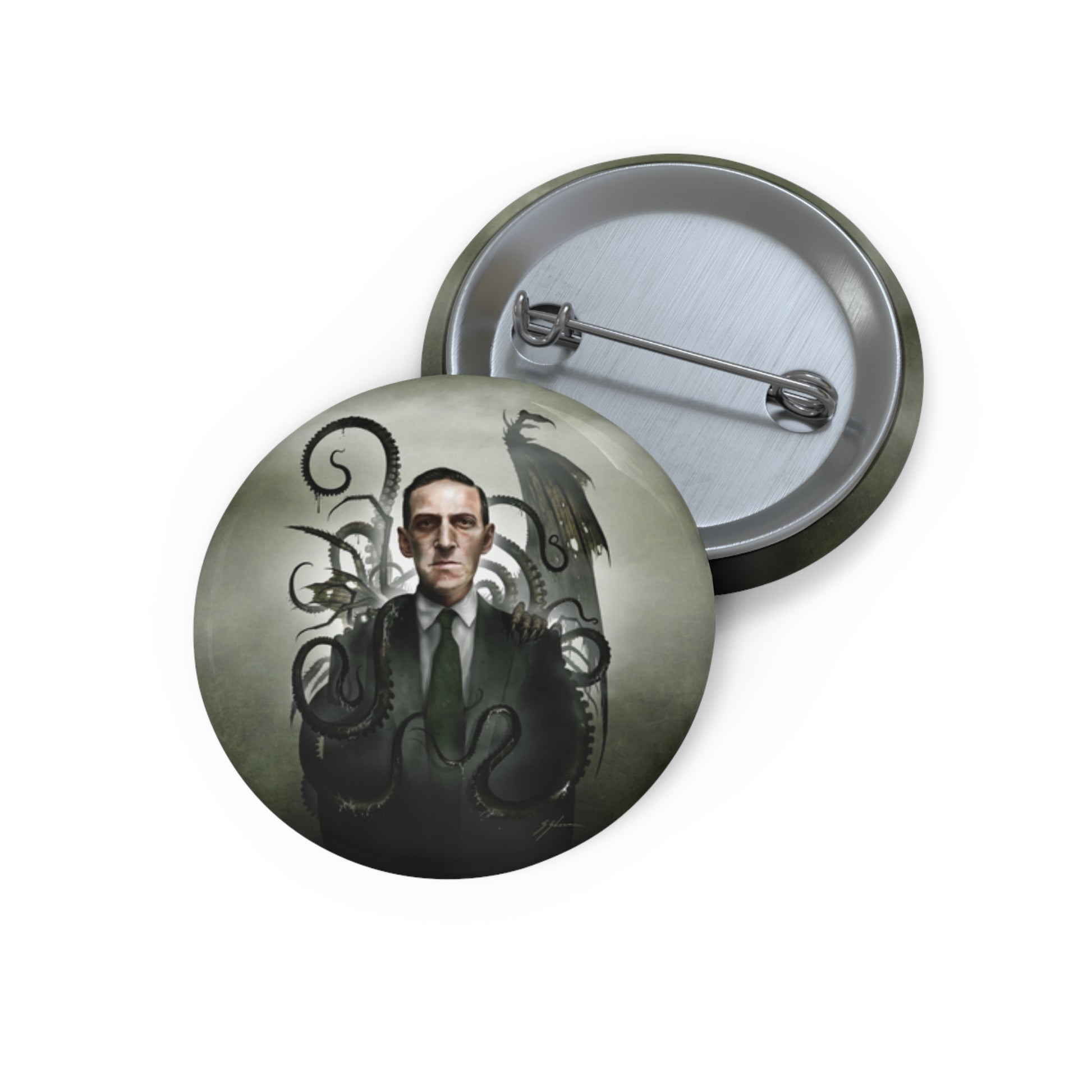H.P. Lovecraft custom pin button — original cosmic horror dark art by Mister Sam Shearon