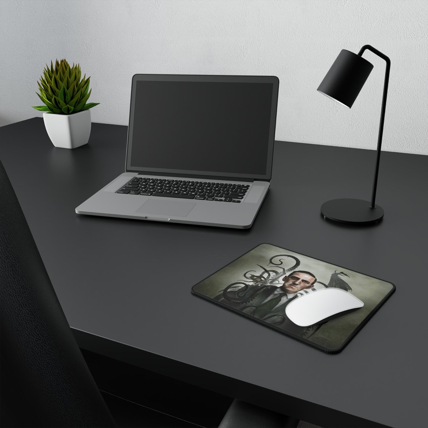 H.P. Lovecraft mouse pad flat lay — Lovecraftian horror dark art by Mister Sam Shearon