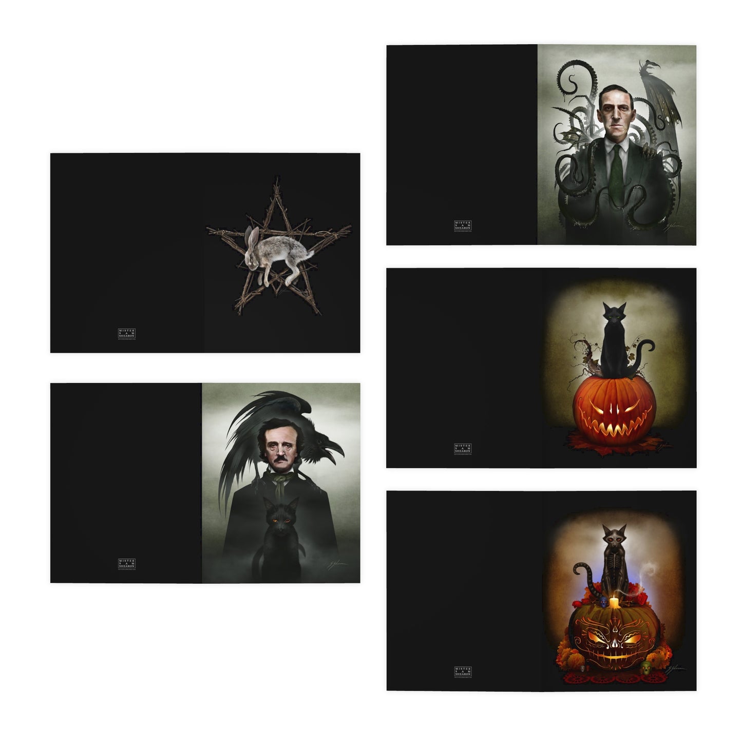Multi-design greeting cards detail — Mister Sam Shearon original dark art, premium uncoated paper
