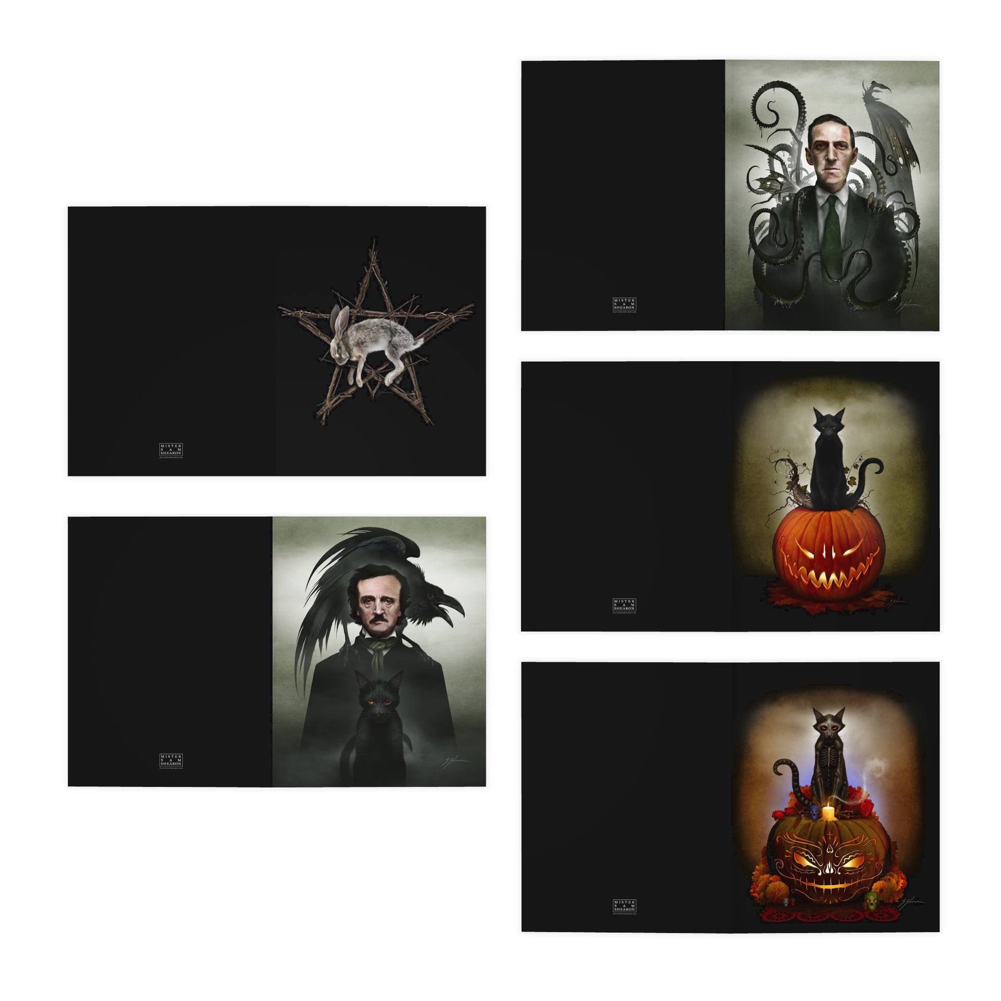Multi-design greeting cards detail — Mister Sam Shearon original dark art, premium uncoated paper