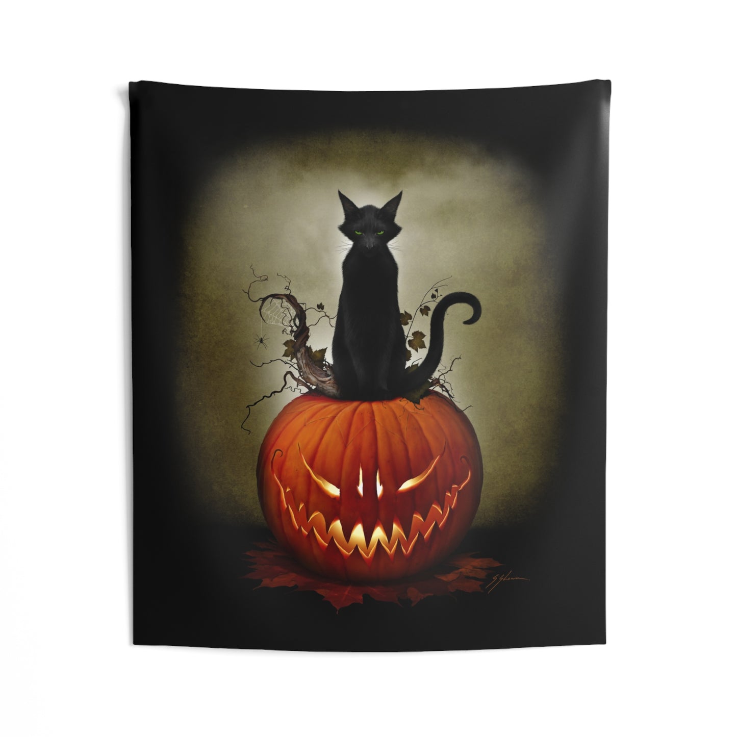 Cat O' Lantern tapestry — black cat on jack-o-lantern design by Mister Sam Shearon, hung on wall