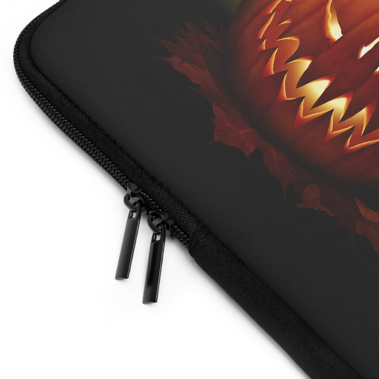 Cat O' Lantern laptop sleeve — feline Halloween art by Mister Sam Shearon, available 7–17"
