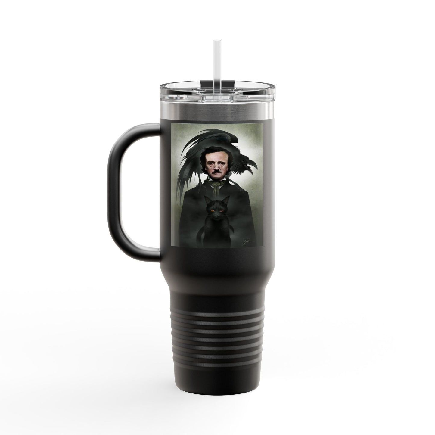 Edgar Allan Poe 40oz insulated travel mug by Mister Sam Shearon — gothic dark art, The Raven, horror literature, human-made, non-AI. 