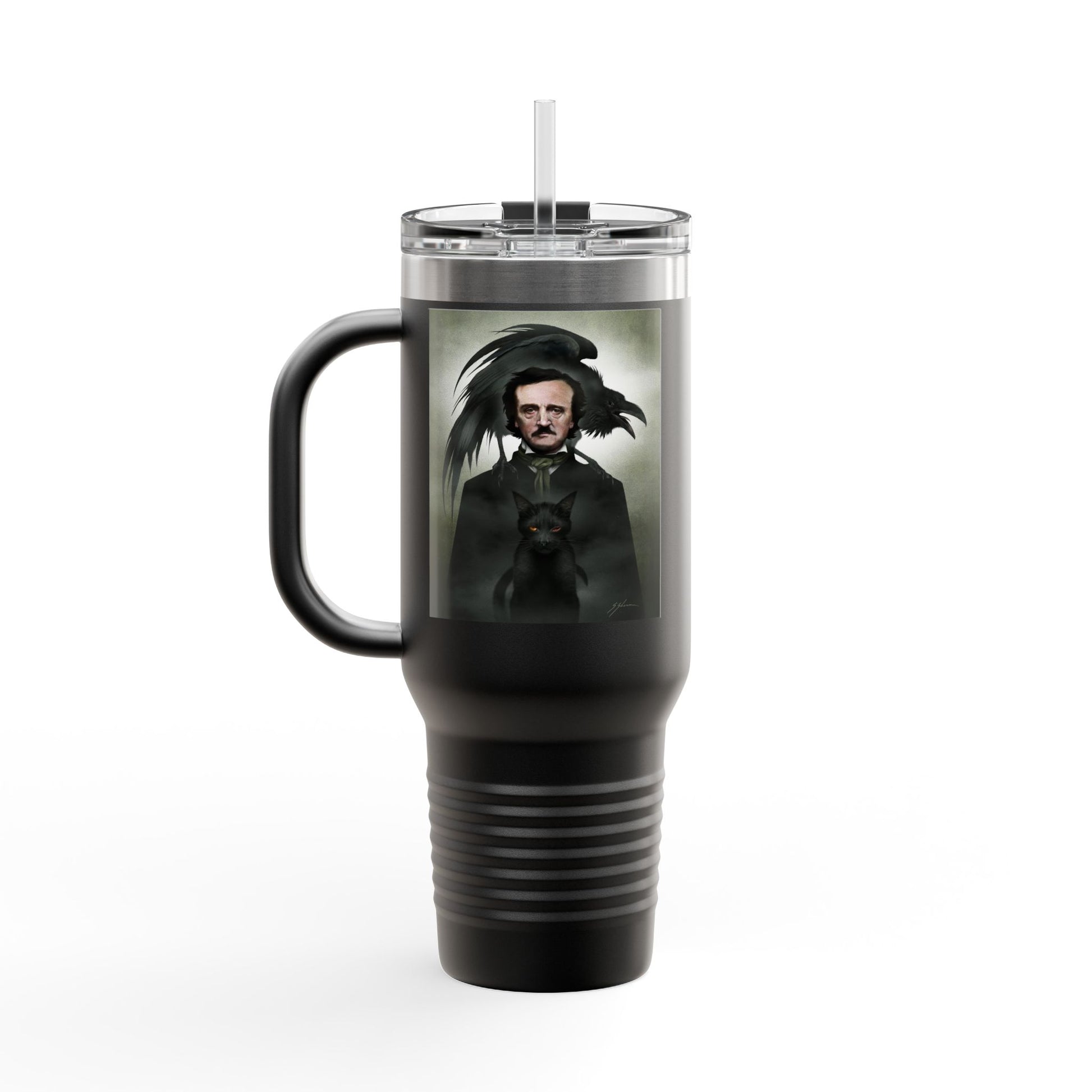 Edgar Allan Poe 40oz insulated travel mug by Mister Sam Shearon — gothic dark art, The Raven, horror literature, human-made, non-AI. 