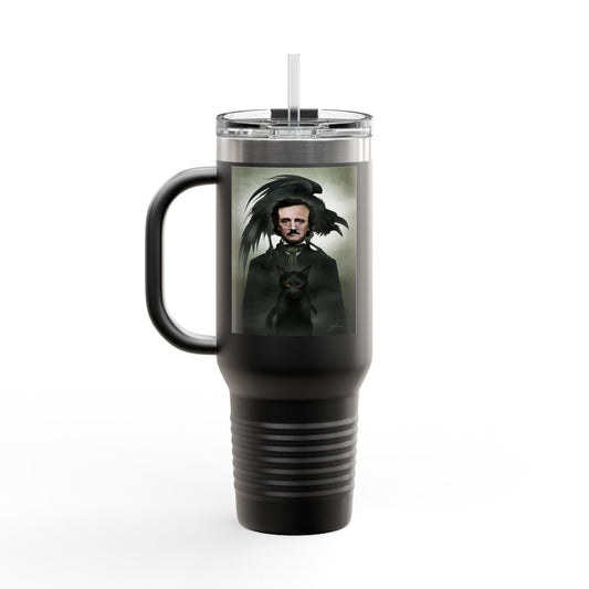 Edgar Allan Poe 40oz insulated travel mug by Mister Sam Shearon — gothic dark art, The Raven, horror literature, human-made, non-AI. 