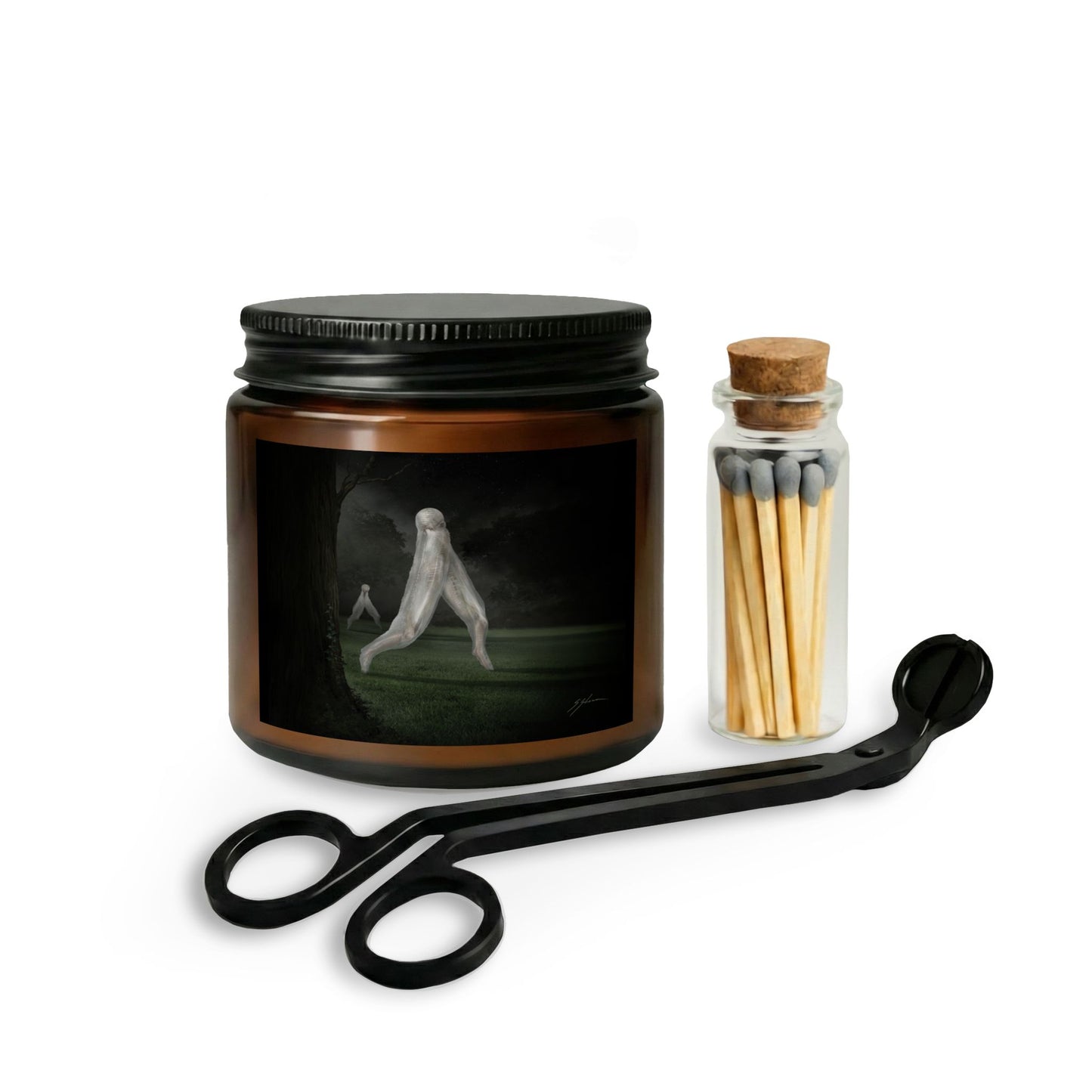 Nightcrawler candle gift set — original cryptid dark art by Mister Sam Shearon on amber jar soy candle