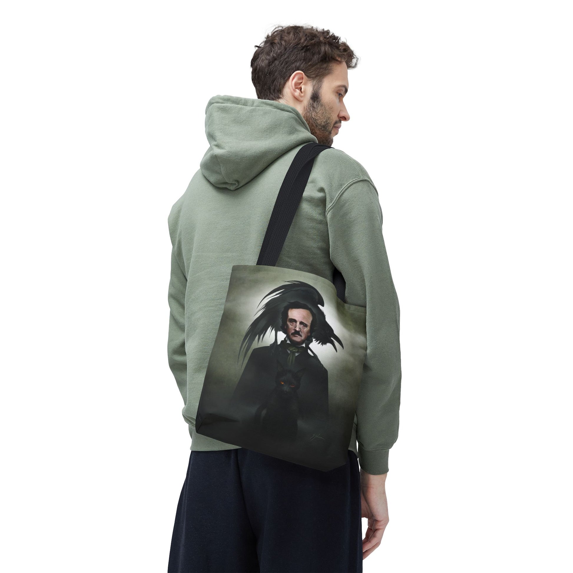 Edgar Allan Poe AOP tote on shoulder — dark art accessory by Mister Sam Shearon