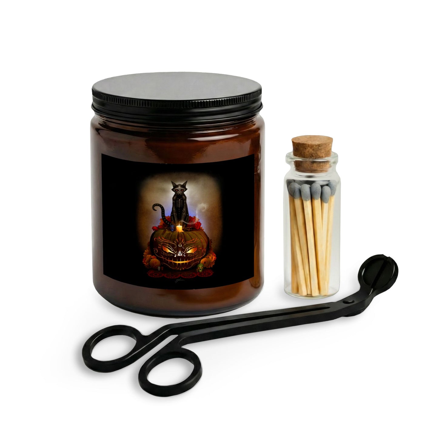 Día De Los Meowtos candle set amber glass jar with matches — dark art collectible gift