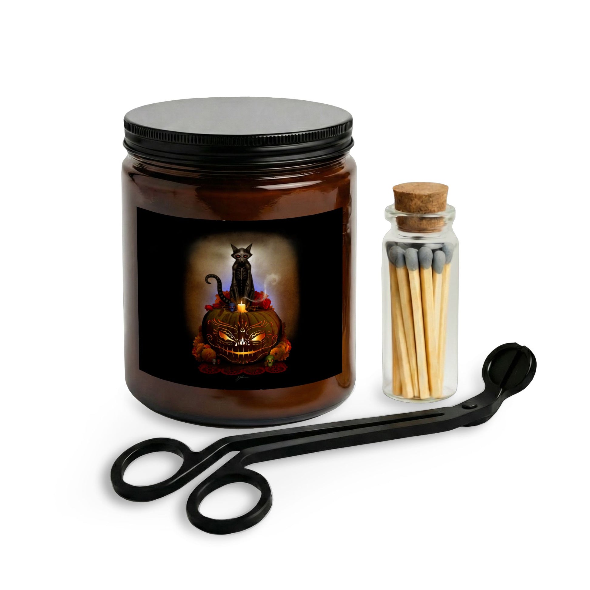 Día De Los Meowtos candle set amber glass jar with matches — dark art collectible gift