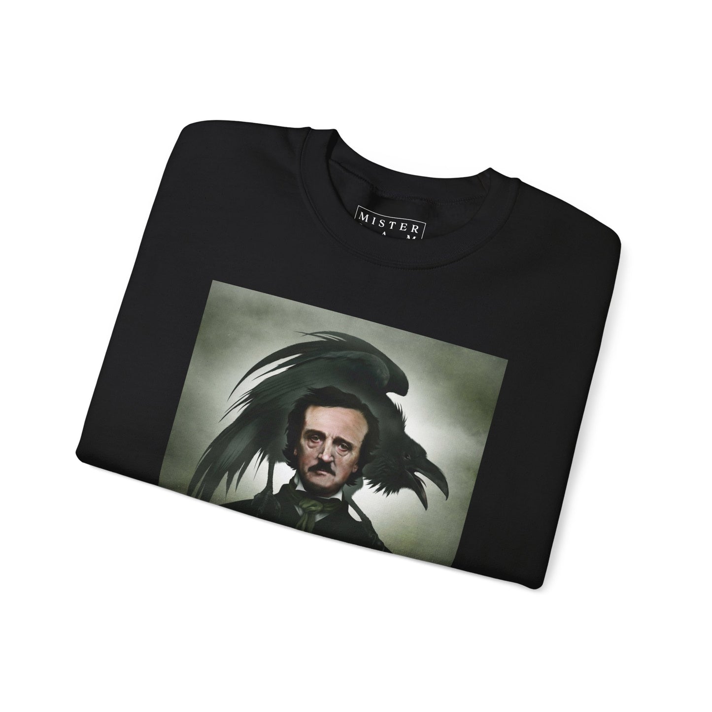 Edgar Allan Poe crewneck sweatshirt flat lay — Mister Sam Shearon dark art design