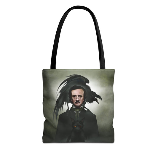 Edgar Allan Poe all-over print tote bag by Mister Sam Shearon — gothic dark art, The Raven, horror literature, human-made, non-AI. 