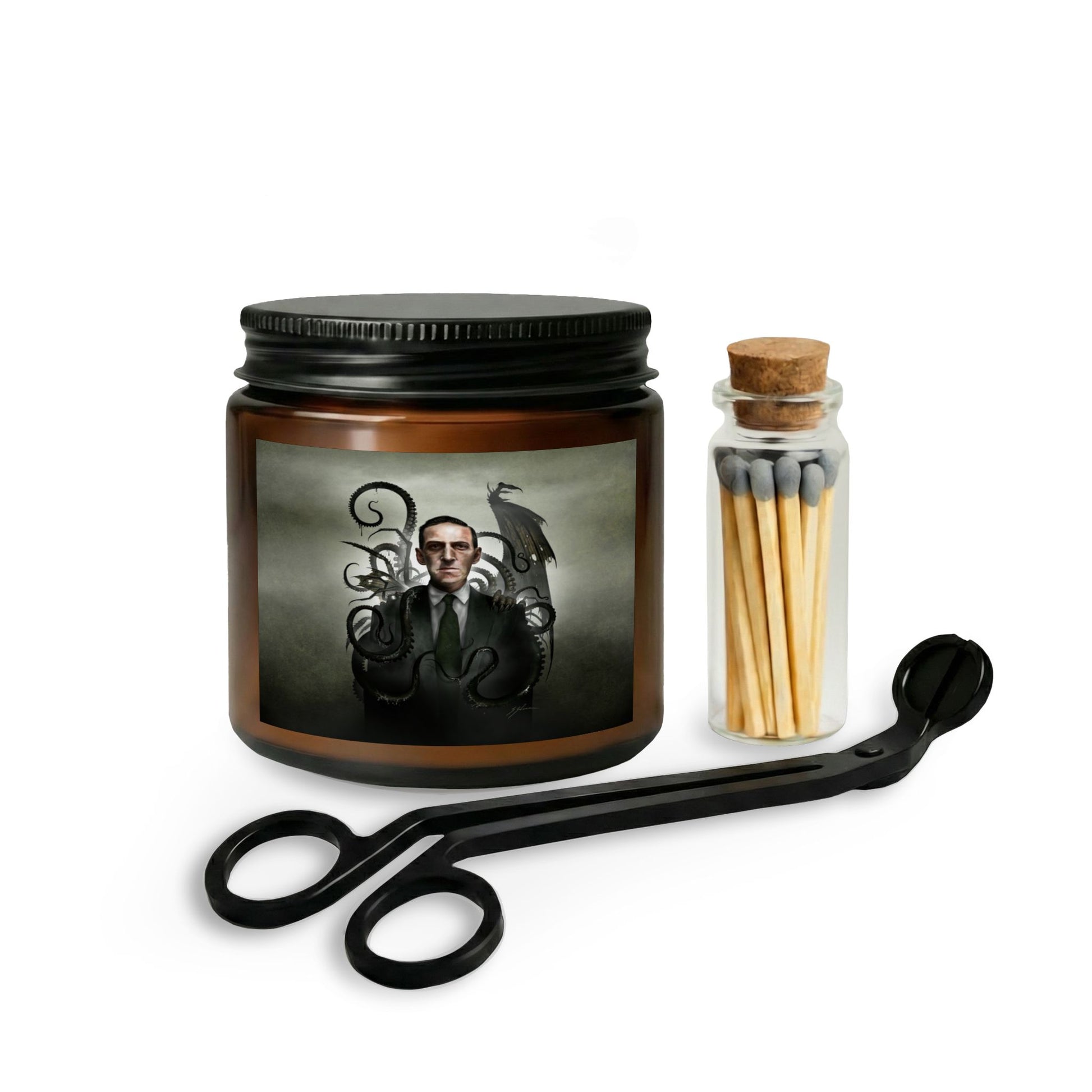 H.P. Lovecraft candle gift set — original cosmic horror dark art by Mister Sam Shearon on amber jar soy candle