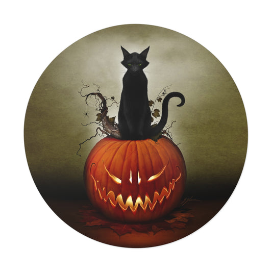 Cat O' Lantern round vinyl sticker — original Halloween dark art by Mister Sam Shearon