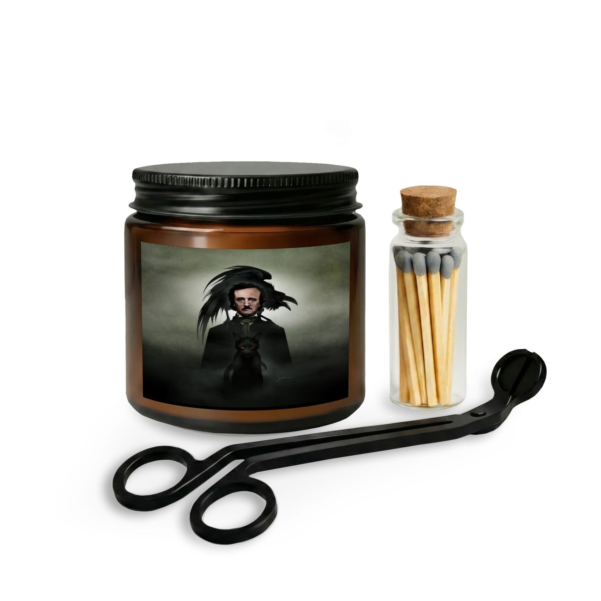 Edgar Allan Poe candle gift set — original gothic dark art by Mister Sam Shearon on amber jar soy candle