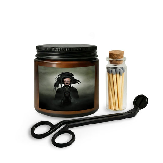 Edgar Allan Poe candle gift set — original gothic dark art by Mister Sam Shearon on amber jar soy candle